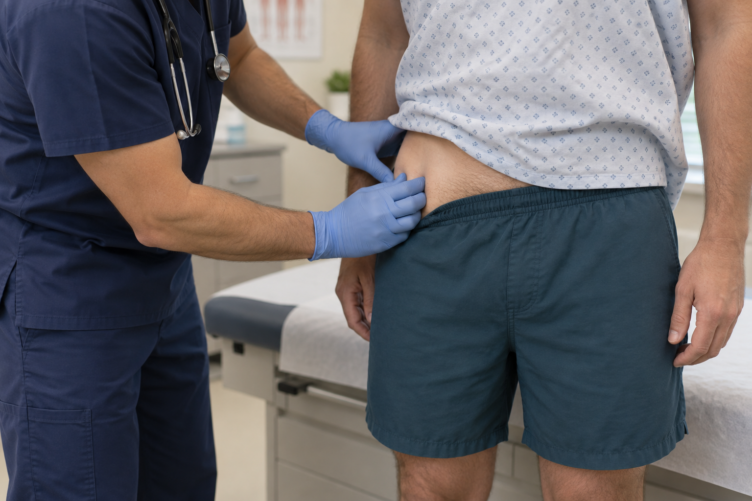 Ilustração de exame externo da região inguinal em adulto em pé, com cobertura da região genital e palpação por mão enluvada.