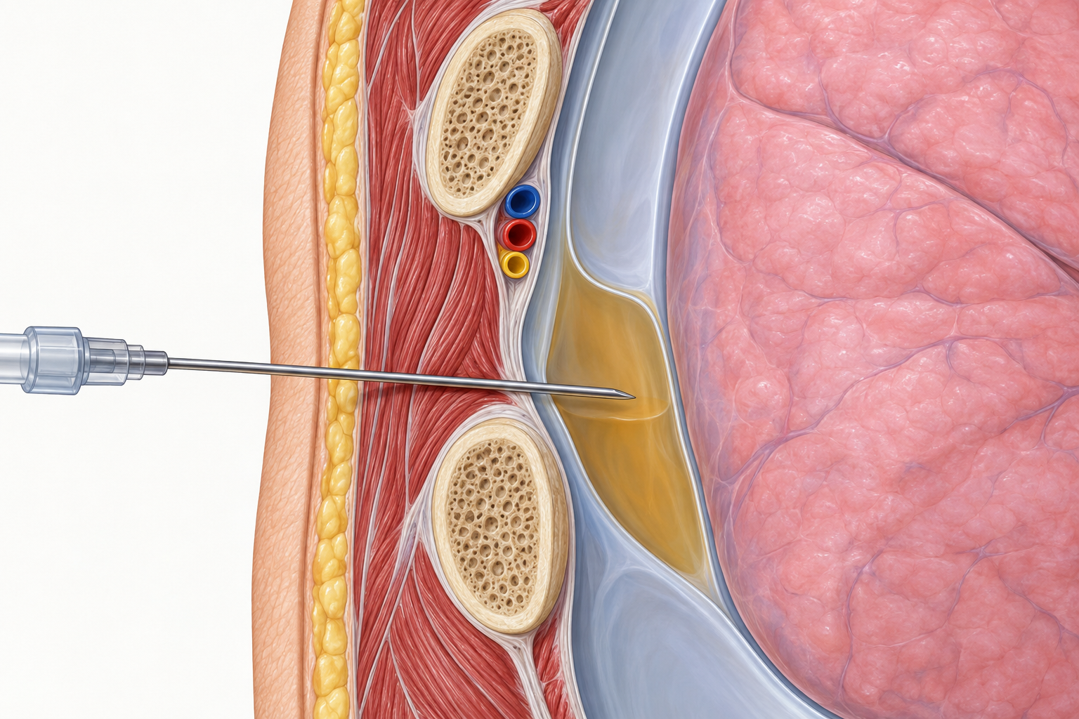 Corte localizado de duas costelas com feixe neurovascular sob a superior e agulha acima da inferior, terminando no líquido pleural.