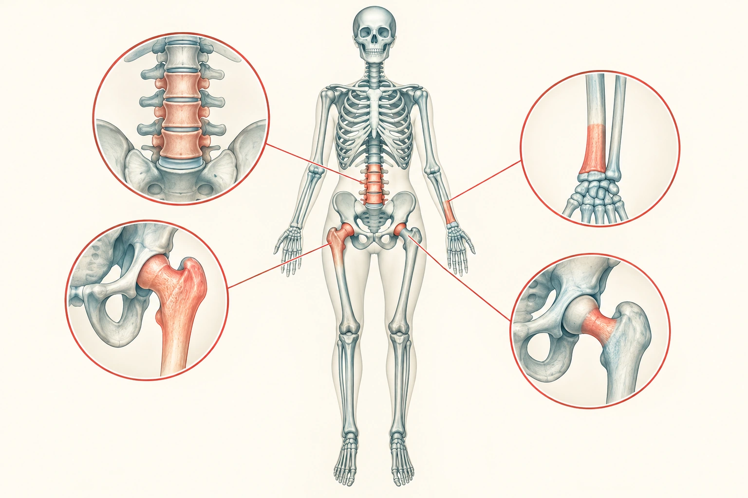 Esqueleto com ampliações ilustrativas da coluna lombar, fêmur proximal, colo femoral e rádio distal.