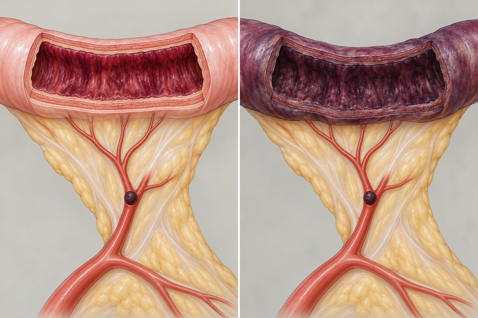 Dois cortes de intestino com obstrução arterial mesentérica representada: lesão predominantemente mucosa e lesão de toda a parede.