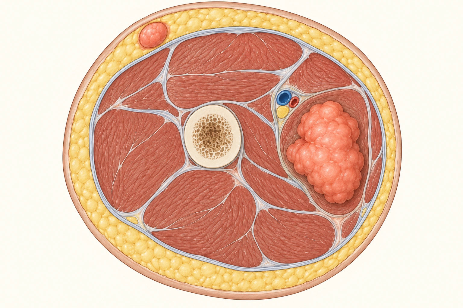 Corte transversal ilustrativo da coxa comparando um nódulo superficial no subcutâneo e uma massa profunda abaixo da fáscia, próxima ao feixe neurovascular.