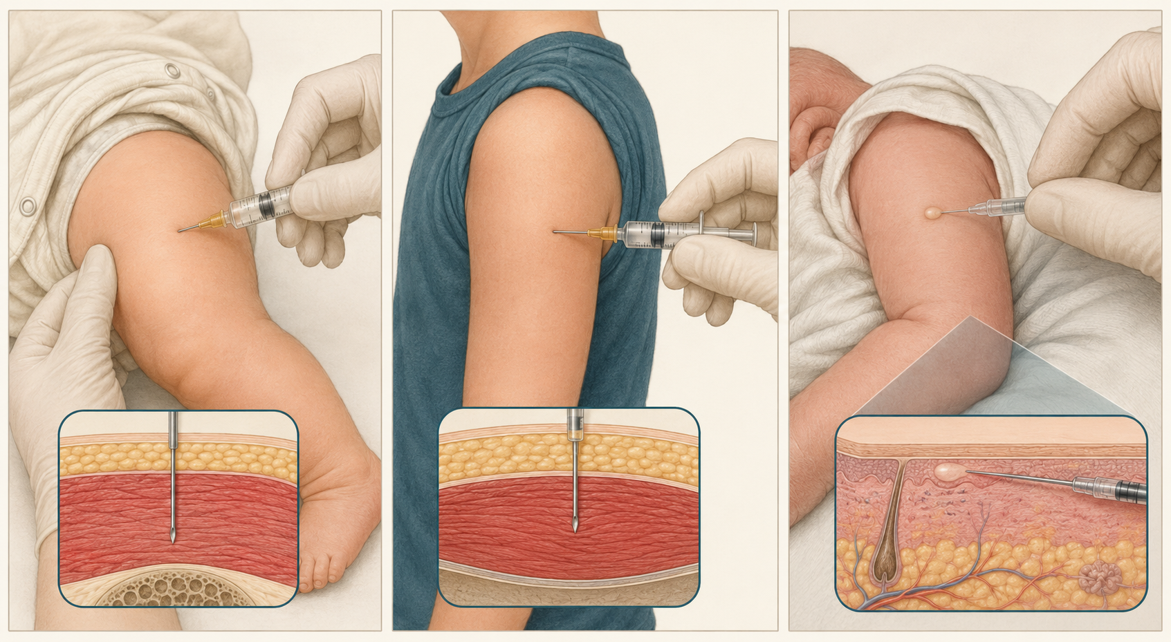 Ilustração de três locais de administração de vacinas em crianças: seringa em ângulo reto no vasto lateral da coxa de um lactente, seringa em ângulo reto no deltoide de uma criança maior, e seringa quase paralela à pele formando pápula no braço direito de um recém-nascido.