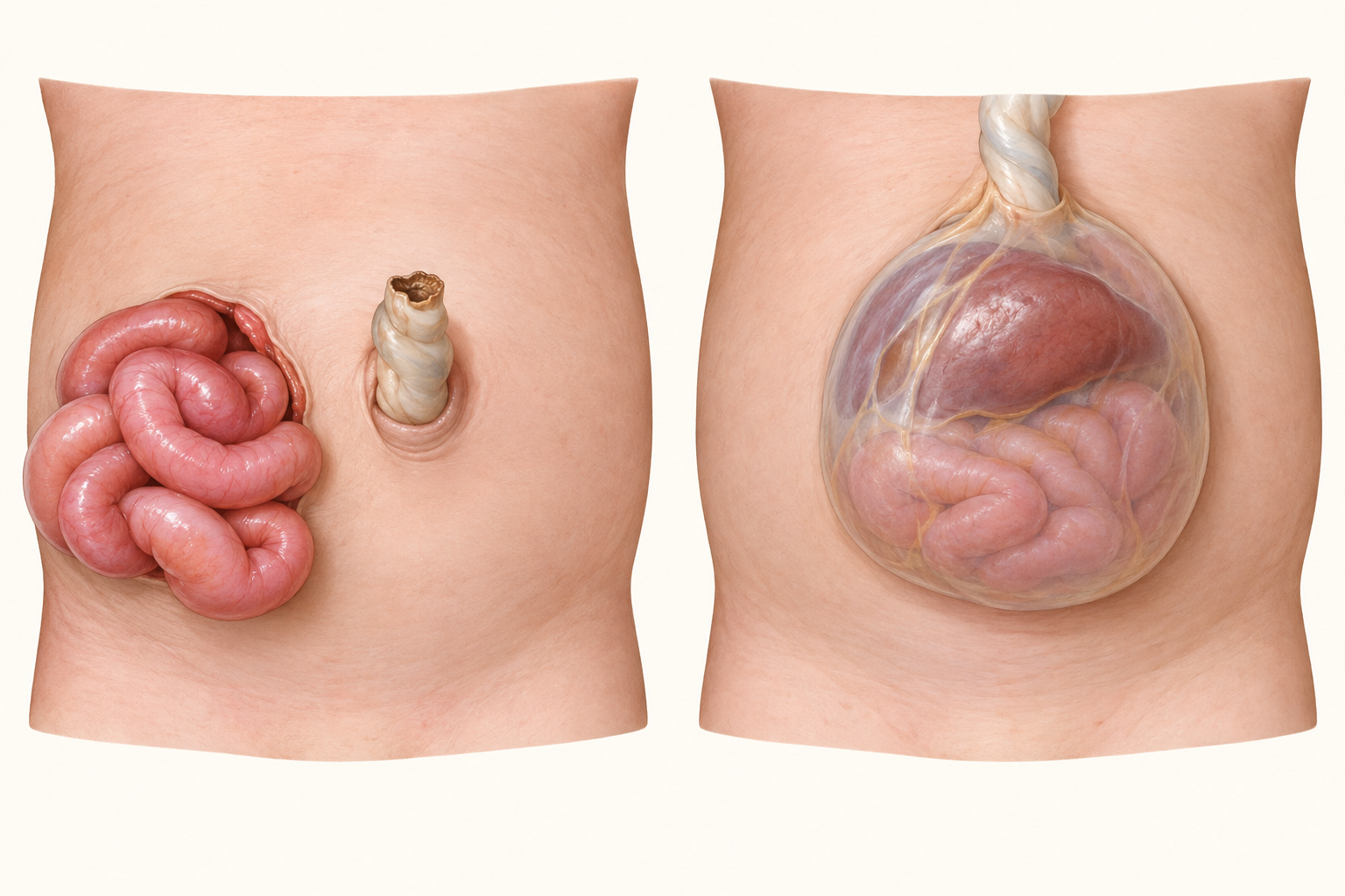 Ilustração comparativa de gastrosquise, com alças expostas e defeito à direita do cordão, e onfalocele, com saco central e cordão inserido no ápice.