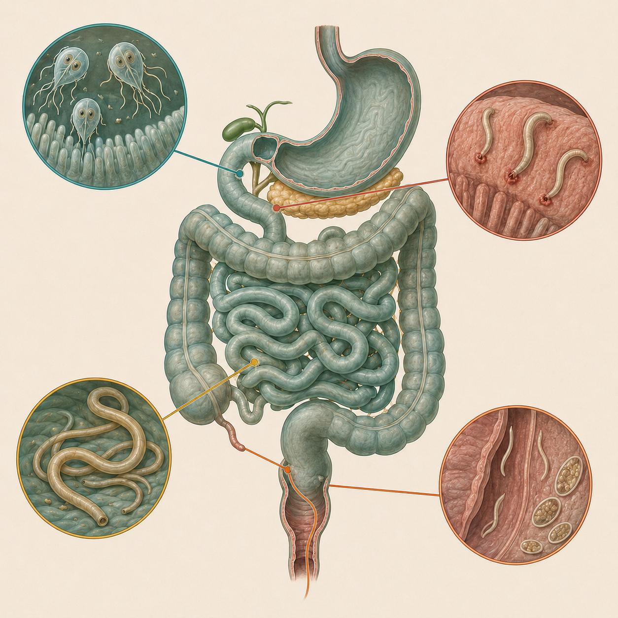 Corte esquemático do trato digestivo infantil com quatro regiões destacadas, correspondendo aos habitats dos parasitas intestinais mais comuns.