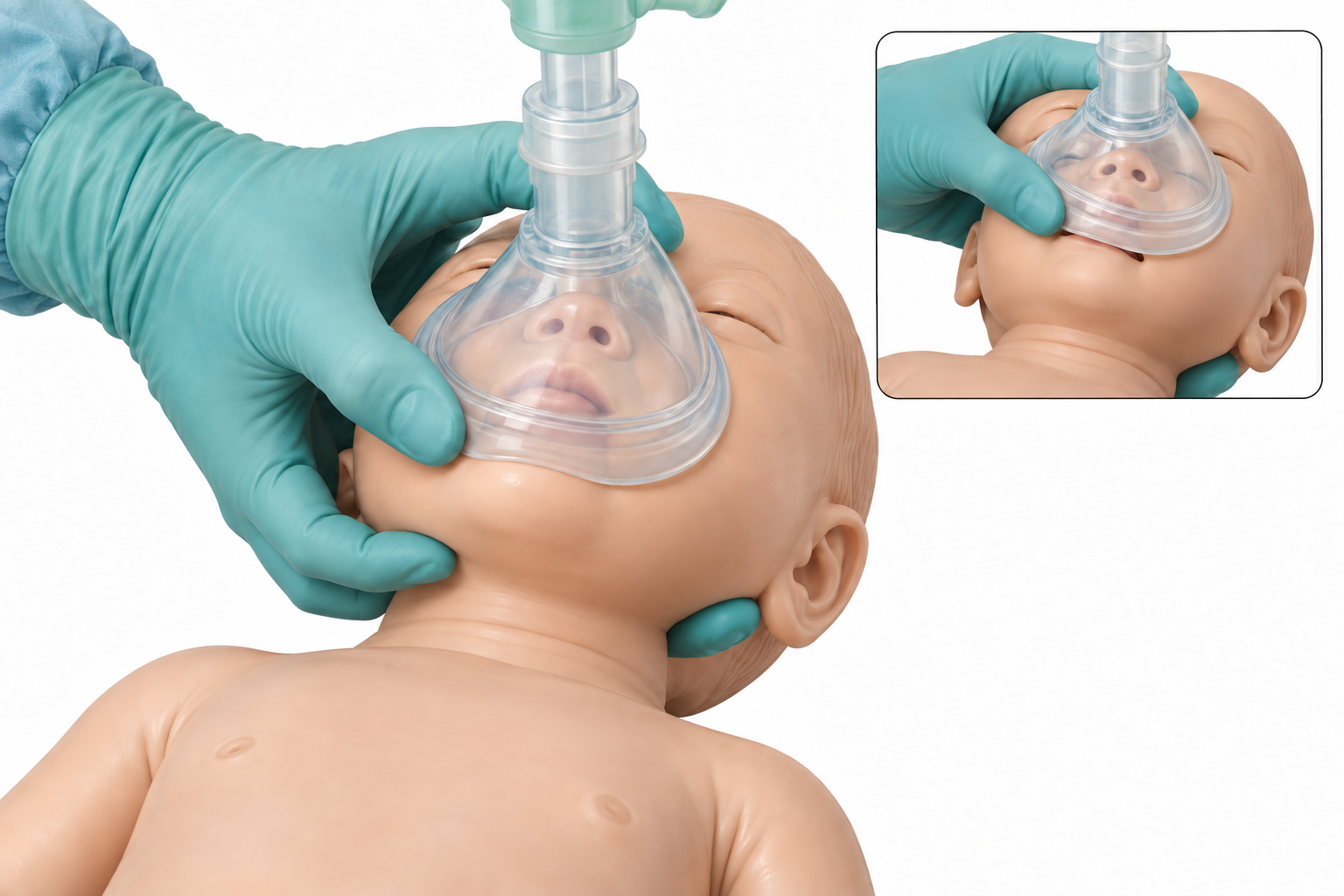 Modelo neonatal com máscara cobrindo nariz e boca, olhos livres e apoio da mandíbula; um detalhe contrasta máscara mal posicionada, próxima dos olhos e sem boa vedação inferior.