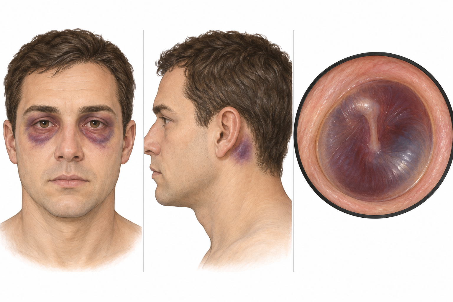 Três ilustrações de equimose periorbitária bilateral, equimose retroauricular e hemotímpano visto por otoscopia.