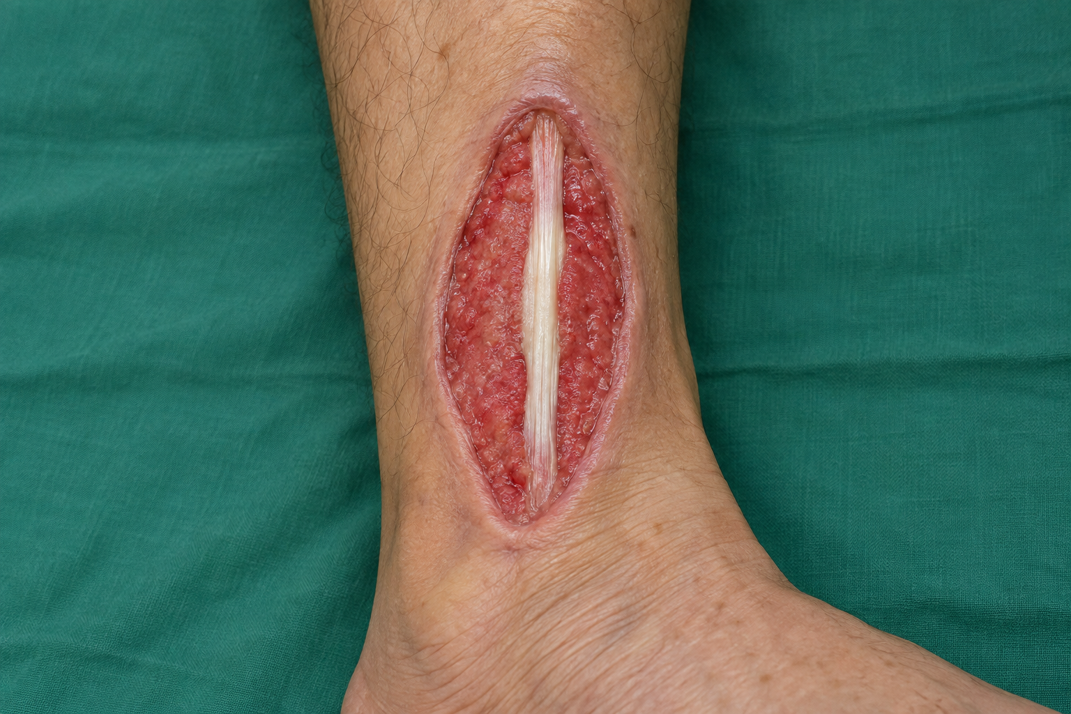 Ferida na região anterior distal da perna com granulação rosada periférica e uma faixa longitudinal central de tendão branco-nacarado exposto.