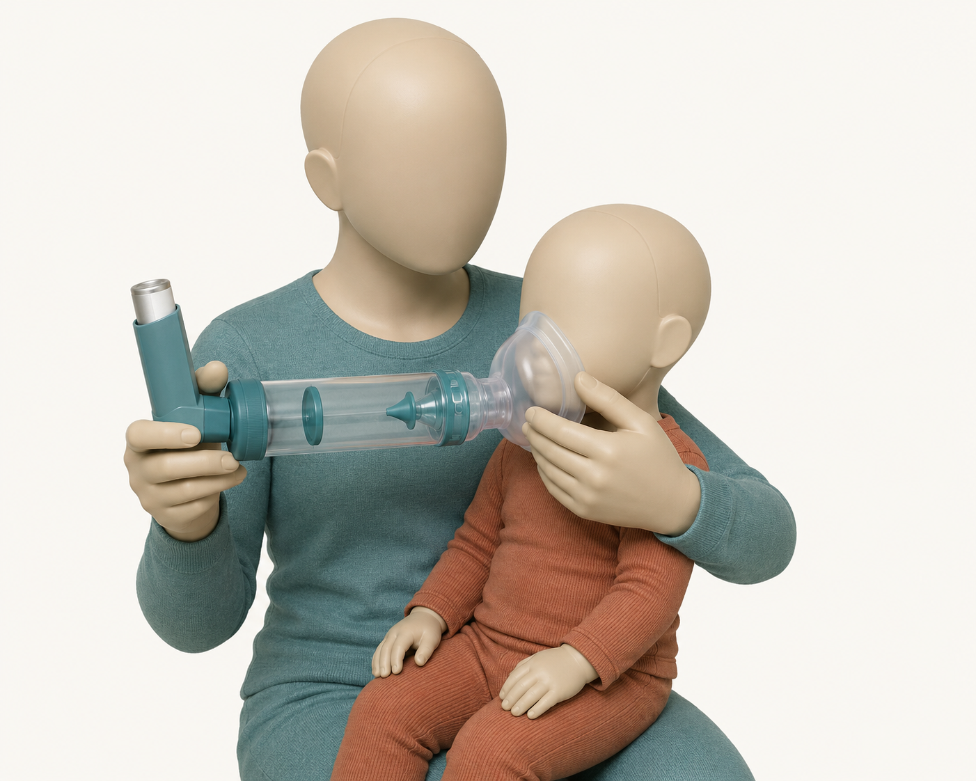 Criança pequena no colo do cuidador recebendo medicação por spray dosimetrado acoplado a espaçador valvulado com máscara facial cobrindo nariz e boca.