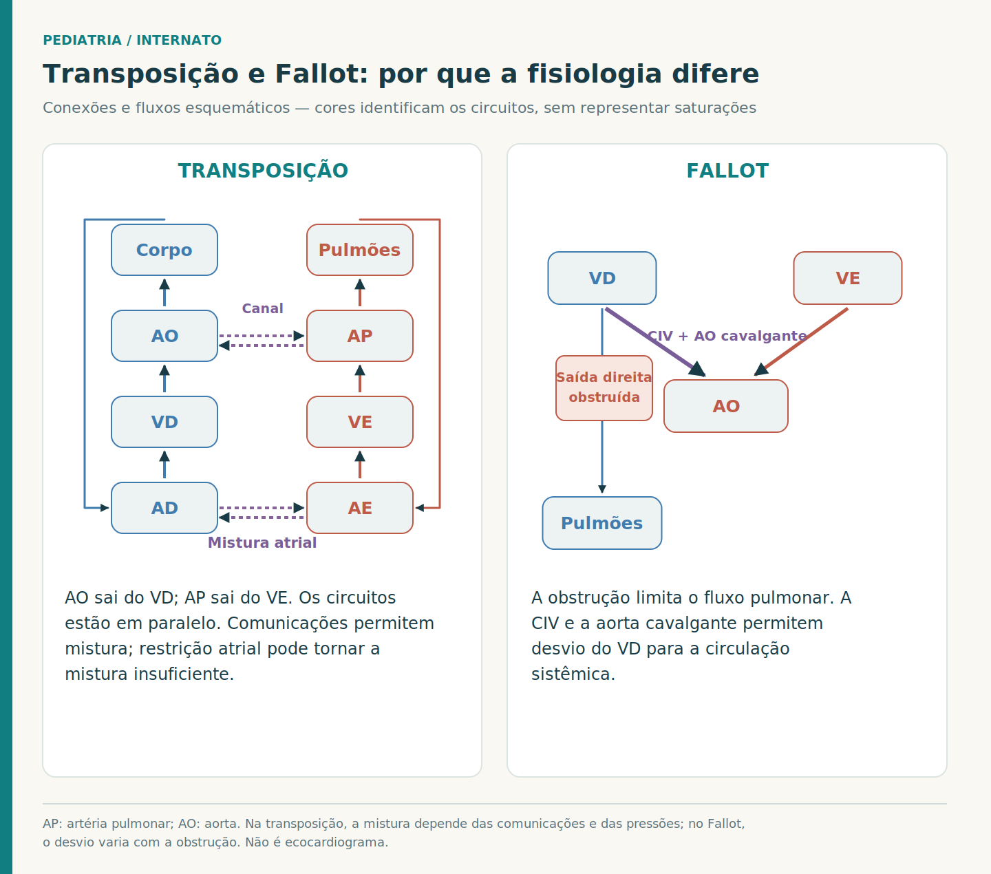 Dois painéis funcionais: transposição com aorta saindo do VD e artéria pulmonar do VE, circuitos paralelos e comunicações atrial e ductal; Fallot com saída direita obstruída e desvio através da CIV para a aorta.