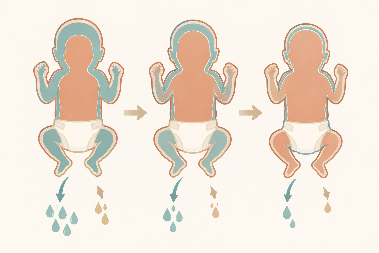 Três contornos de recém-nascido em sequência, com a faixa externa de líquido diminuindo e o núcleo interno aumentando, e mais gotas saindo do corpo do que entrando.