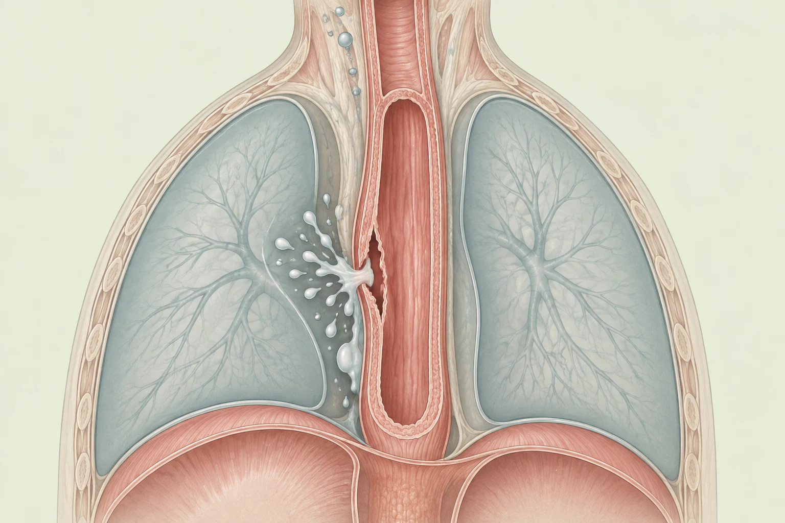 Esquema do esôfago em corte com rompimento na borda esquerda do terço inferior, extravasamento para o espaço pleural esquerdo e ar infiltrado nos tecidos do pescoço.