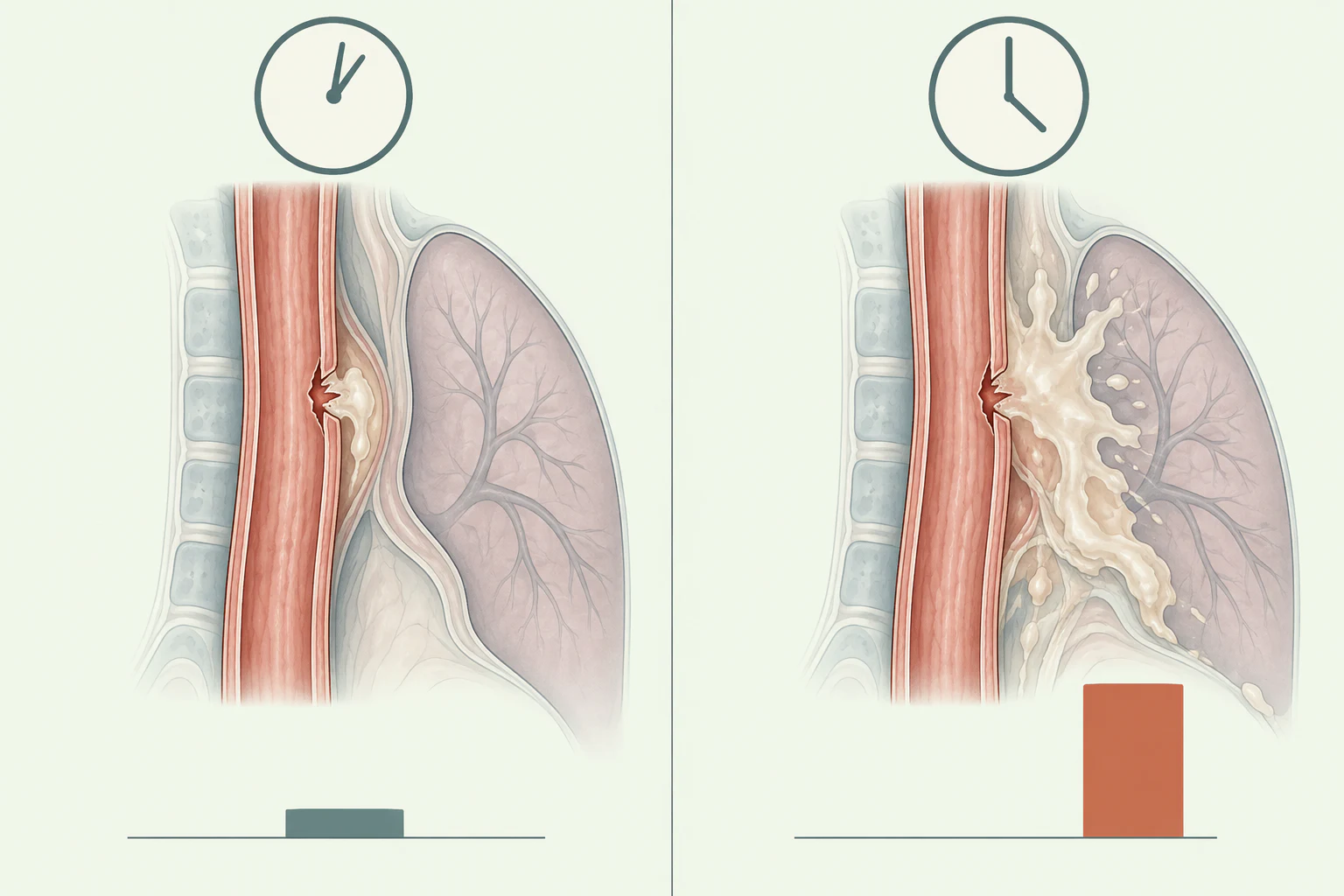 Comparação em duas colunas entre tratamento precoce e tardio, com a mesma rasgadura produzindo contaminação contida de um lado e contaminação extensa do outro.