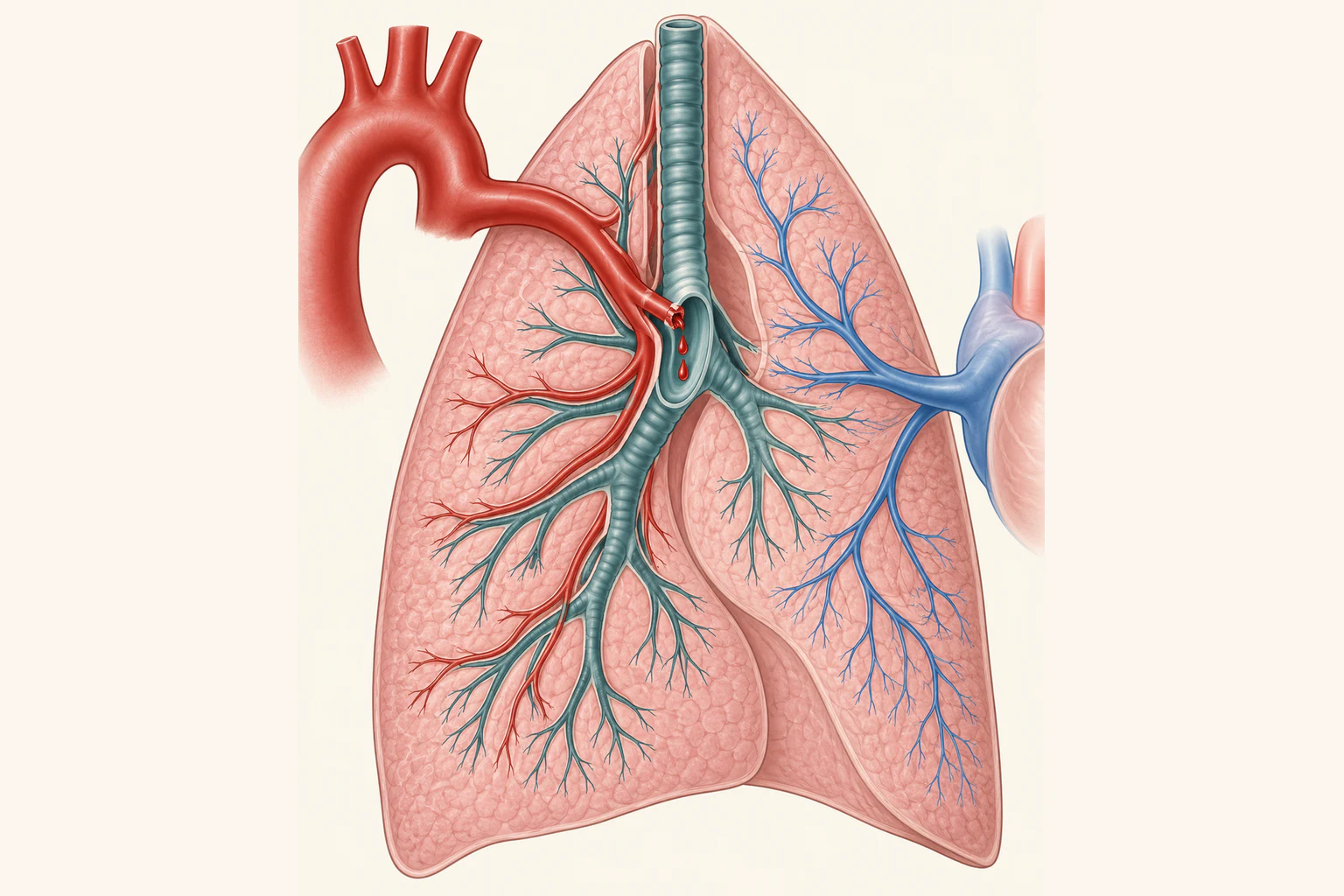 Esquema de um pulmão com duas circulações desenhadas em cores diferentes: um vaso de parede grossa que vem da aorta e acompanha os brônquios, e um vaso de parede fina que vem do coração e vai para a periferia. A ruptura desenhada está no vaso de parede grossa, colada ao brônquio, e as gotas caem para dentro da via aérea.