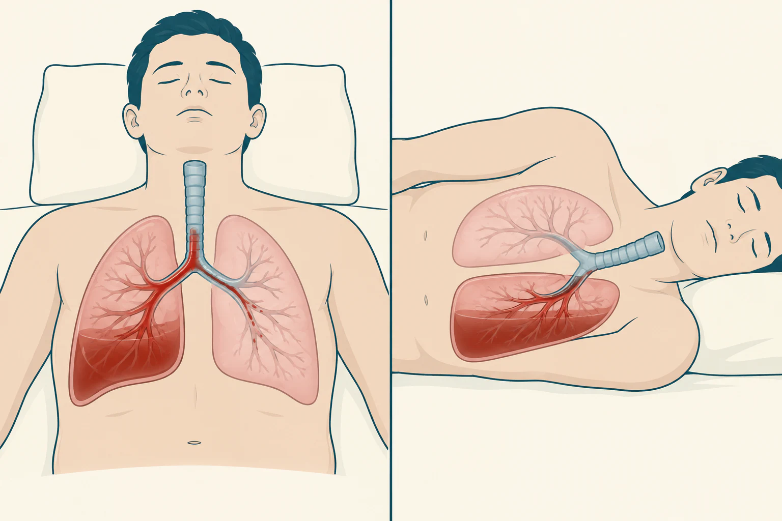 Dois painéis do mesmo tórax. No primeiro, o sangue de um pulmão atravessa a bifurcação e alcança o pulmão contralateral. No segundo, o paciente está de lado com o pulmão que sangra por baixo, contendo o sangue, enquanto o pulmão de cima permanece ventilado.