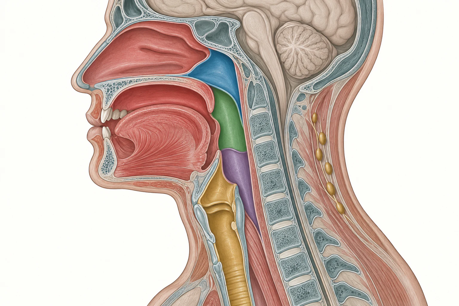Corte sagital de cabeça e pescoço com a via aerodigestiva superior desenhada como um corredor contínuo, em que cinco regiões de mucosa aparecem em cores planas distintas, sem rótulos, e uma cadeia de pequenas formas arredondadas desce pela lateral do pescoço ao lado do corredor.