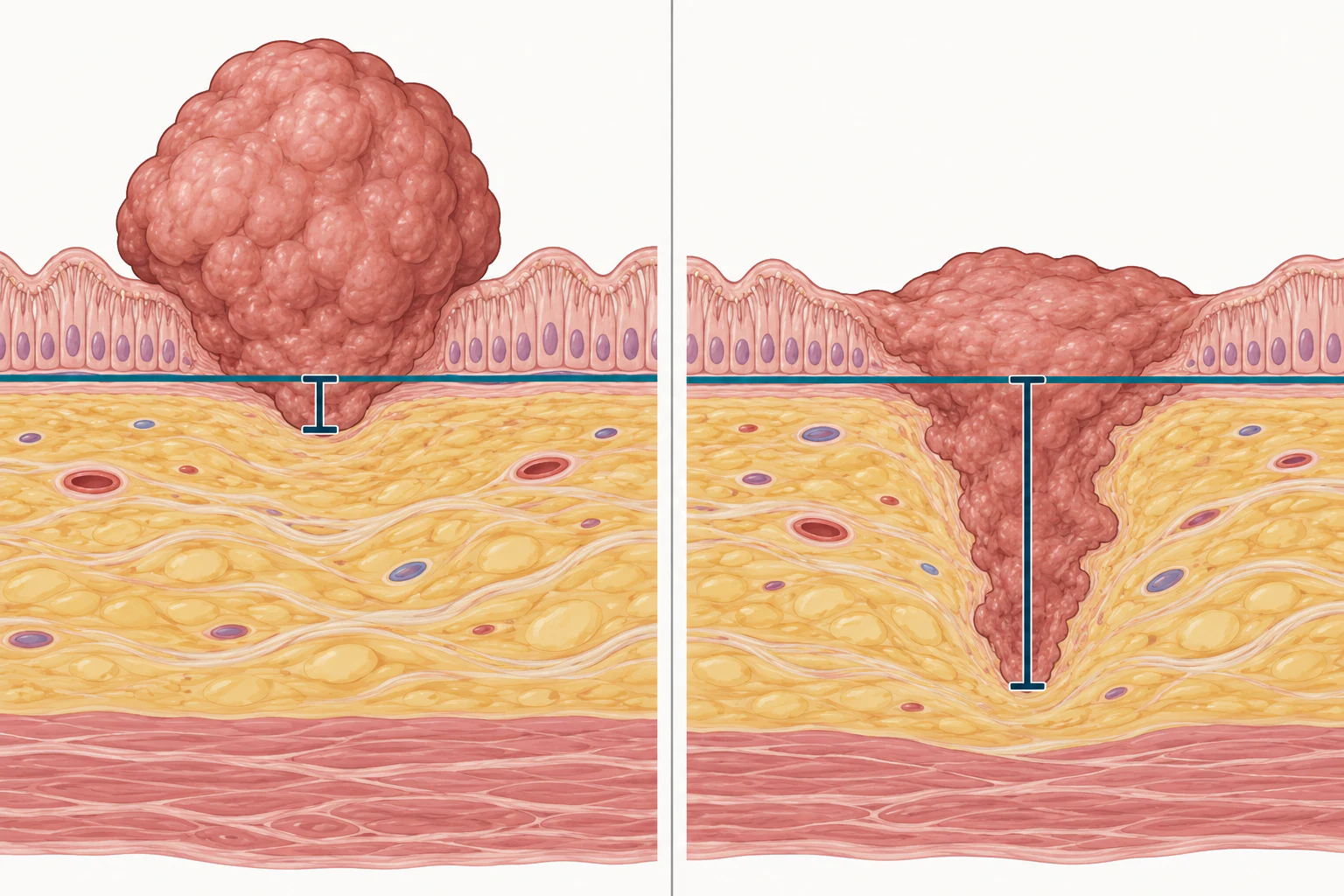 Dois cortes lado a lado da mesma mucosa, com uma linha horizontal marcando a membrana basal. À esquerda, tumor que cresce para fora e mergulha pouco abaixo da linha, com um colchete curto medindo essa parte. À direita, tumor pouco elevado que mergulha muito abaixo da linha, com um colchete longo medindo essa parte. Os dois tumores têm volume parecido e colchetes de comprimentos bem diferentes.