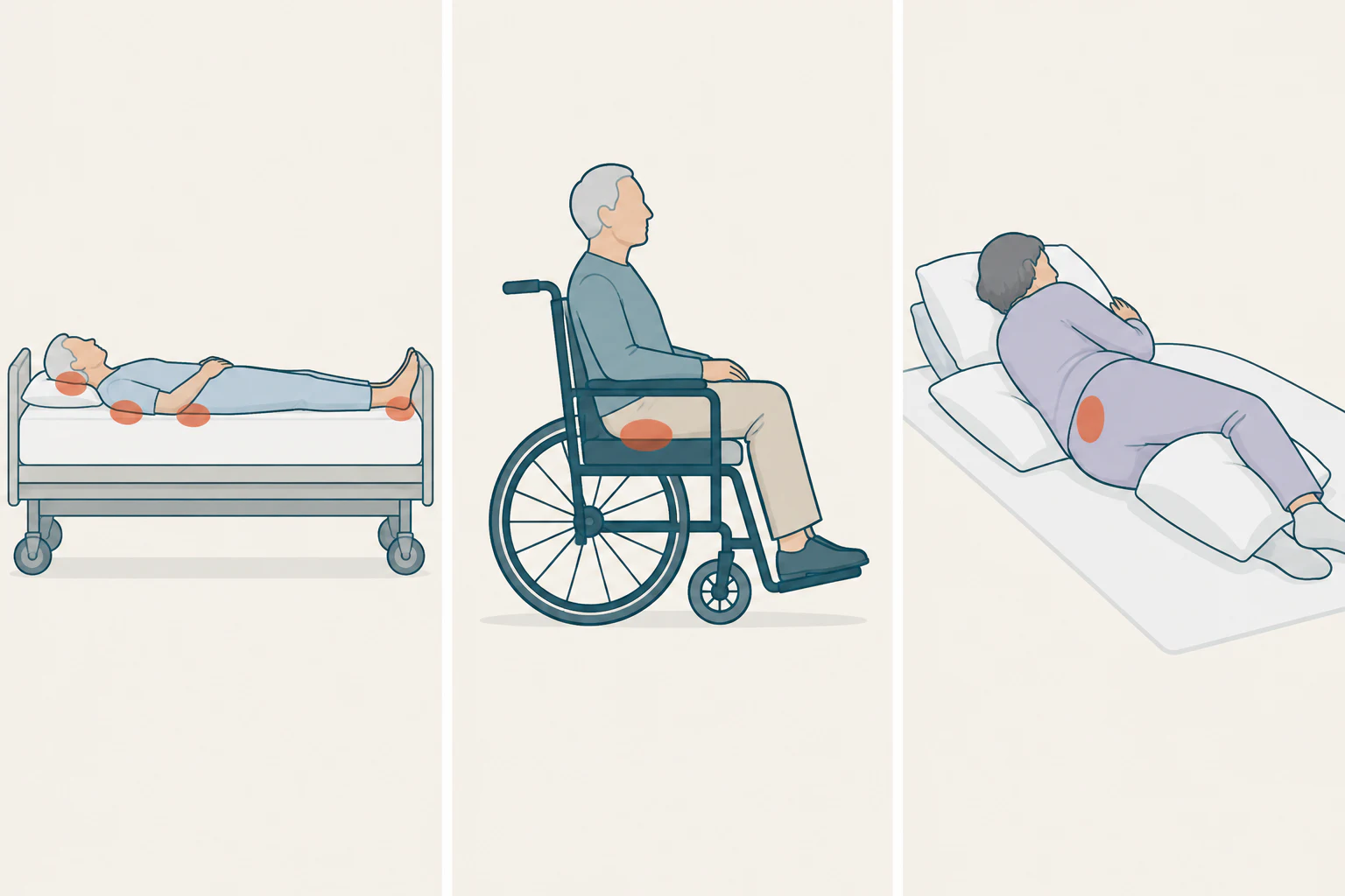 Três silhuetas humanas de perfil: deitada de costas, com pontos de contato marcados no occipital, escápulas, sacro e calcâneos; sentada em cadeira de rodas, com o ponto de contato sob a nádega na tuberosidade isquiática; e deitada de lado em inclinação suave, com o ponto de contato no quadril sobre o trocânter maior.