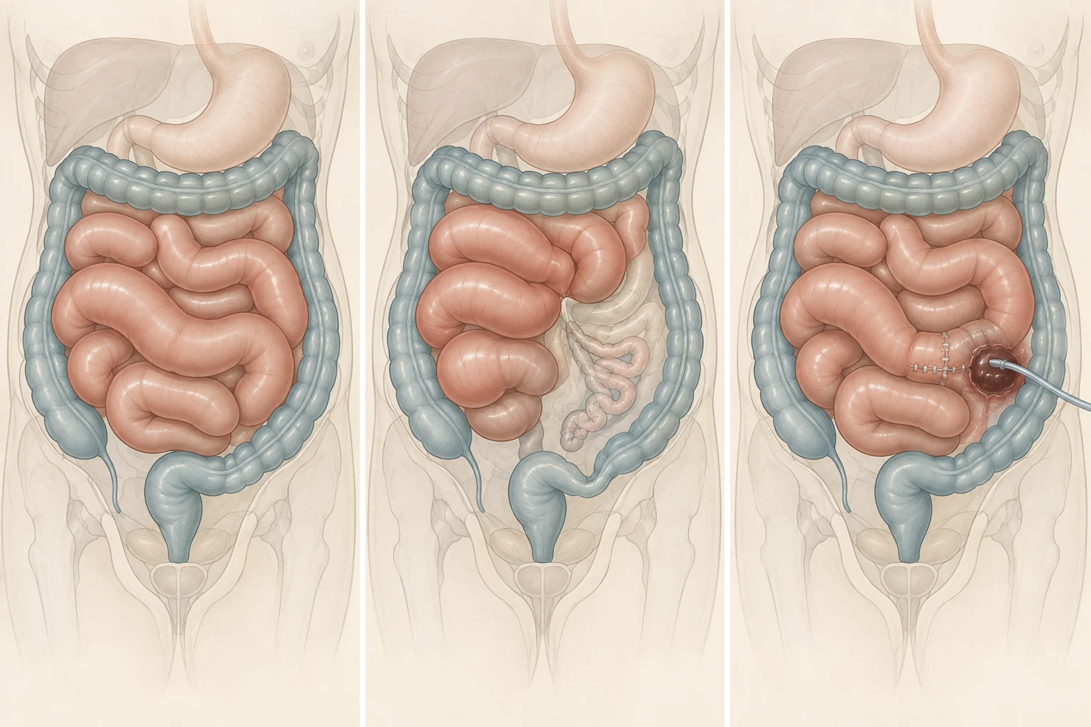 Três cortes de alças intestinais lado a lado: no primeiro as alças estão distendidas de forma uniforme, sem mudança de calibre; no segundo há uma transição abrupta entre alça dilatada e alça colabada num ponto único; no terceiro as alças estão uniformemente distendidas e existe uma coleção junto à linha de anastomose, com um dreno ao lado.