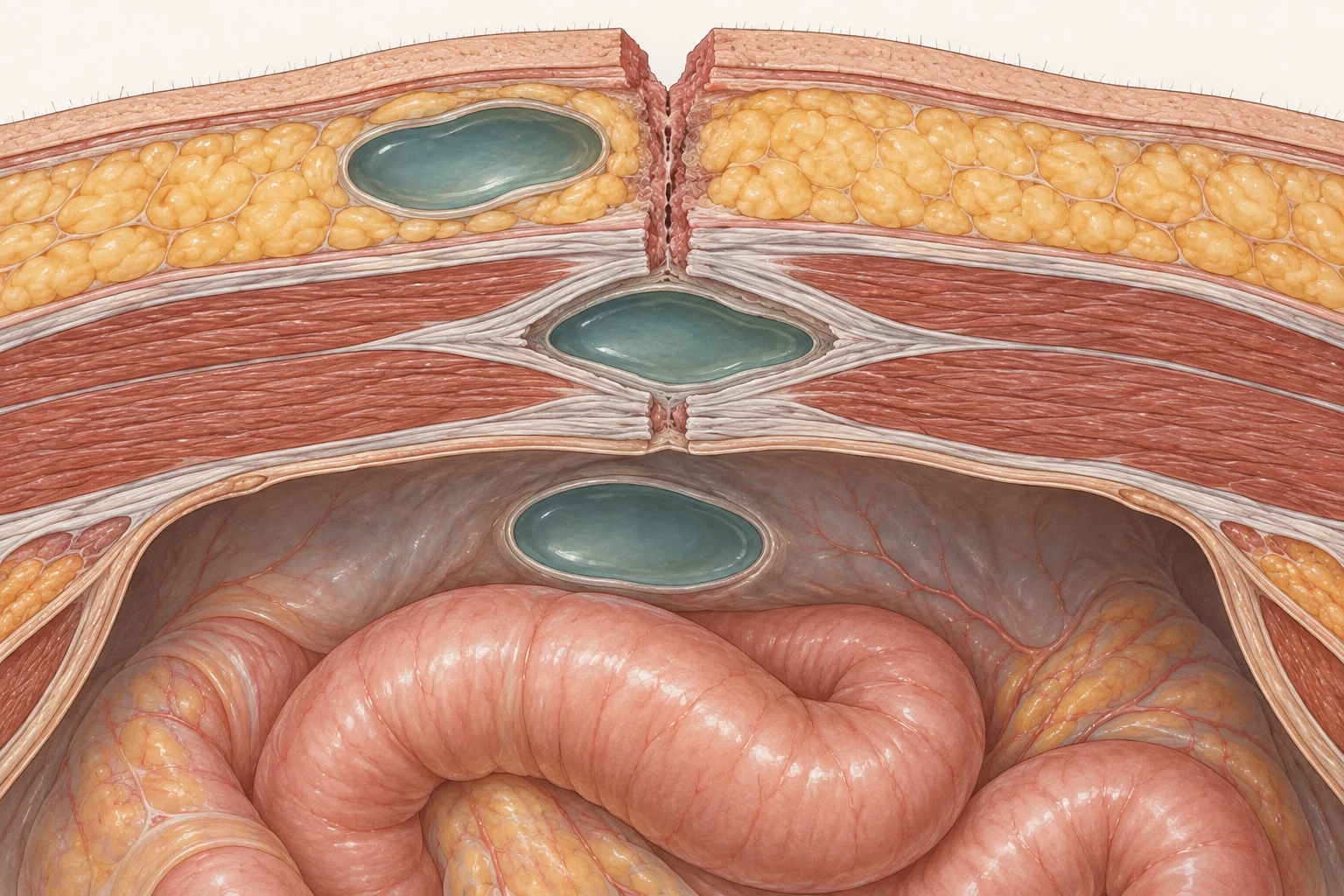 Corte da parede abdominal em quatro camadas — pele, tecido celular subcutâneo, fáscia com músculo, e cavidade — atravessadas por uma incisão vertical, com cada plano associado a um tipo de infecção de sítio cirúrgico.