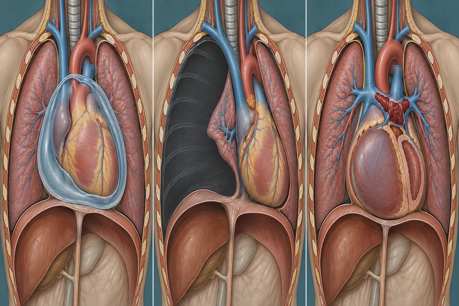 Três cortes torácicos lado a lado: coração comprimido por derrame pericárdico circunferencial com colapso das câmaras direitas; hemitórax cheio de ar com pulmão colapsado e mediastino desviado para o lado oposto; e trombo na bifurcação da artéria pulmonar com ventrículo direito dilatado abaulando o septo sobre um ventrículo esquerdo pequeno.