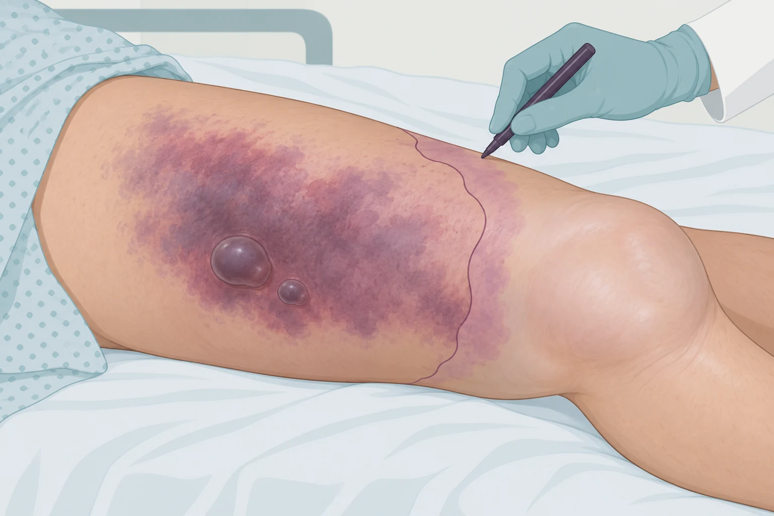 Coxa com placa violácea de limites imprecisos, duas bolhas hemorrágicas e edema que ultrapassa a área avermelhada, com o limite anterior do eritema marcado na pele.