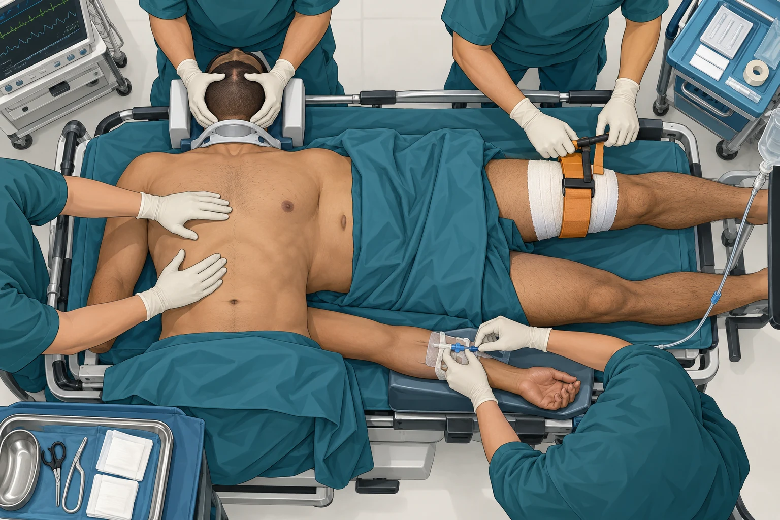 Vista superior de uma sala de trauma: paciente deitado com quatro pares de mãos atuando ao mesmo tempo, uma estabilizando manualmente a cabeça, uma no tórax exposto, uma apertando uma faixa larga na coxa acima de um curativo e uma segurando o acesso venoso no braço.