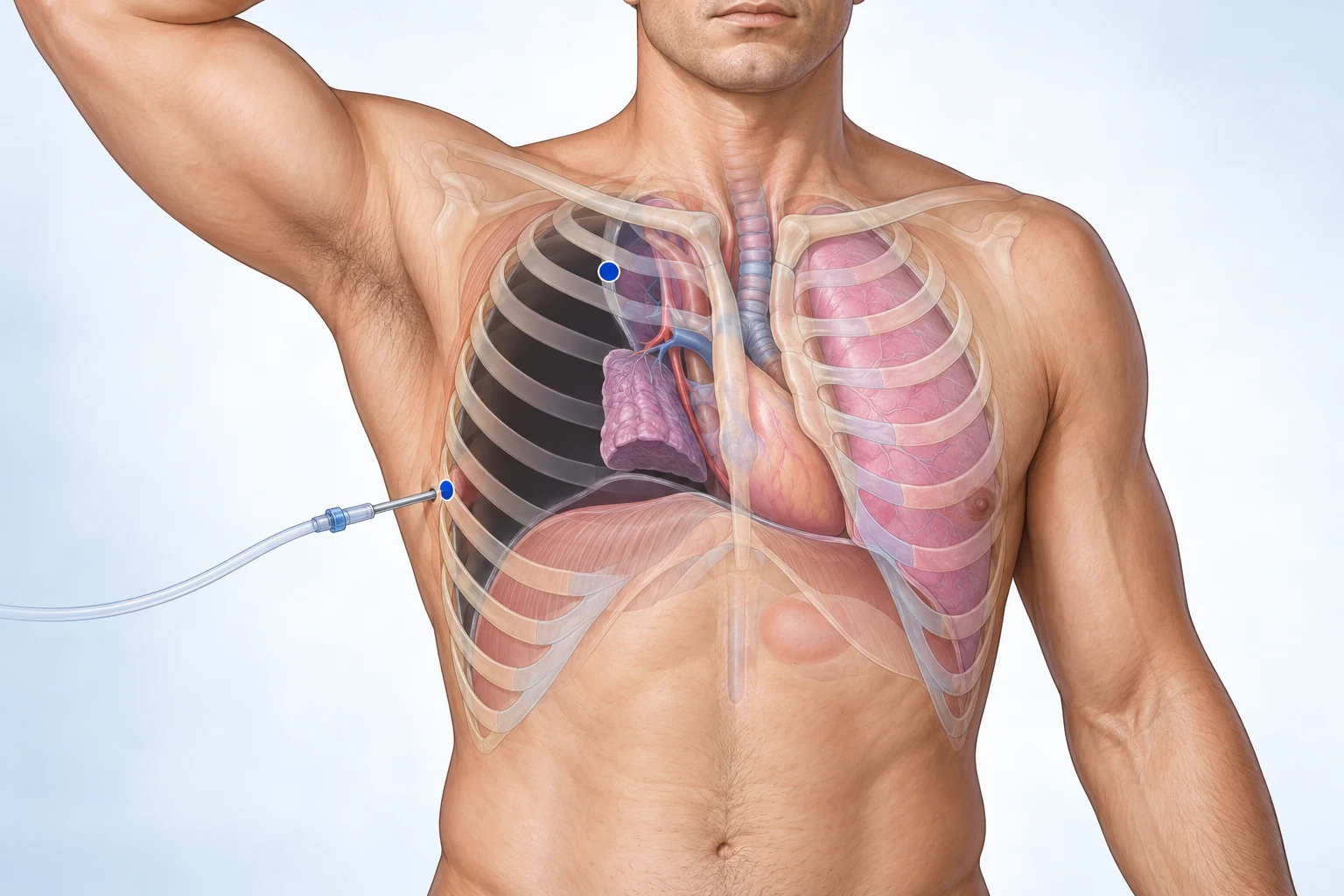 Tórax masculino visto de frente, com o braço erguido expondo a parede lateral. Dois pontos marcam os locais de punção: o segundo espaço intercostal na linha hemiclavicular e o quinto espaço intercostal na linha axilar, onde uma agulha entra rente à borda superior da costela de baixo. Do lado puncionado, o pulmão aparece colabado junto à linha média e o mediastino desviado para o lado oposto.