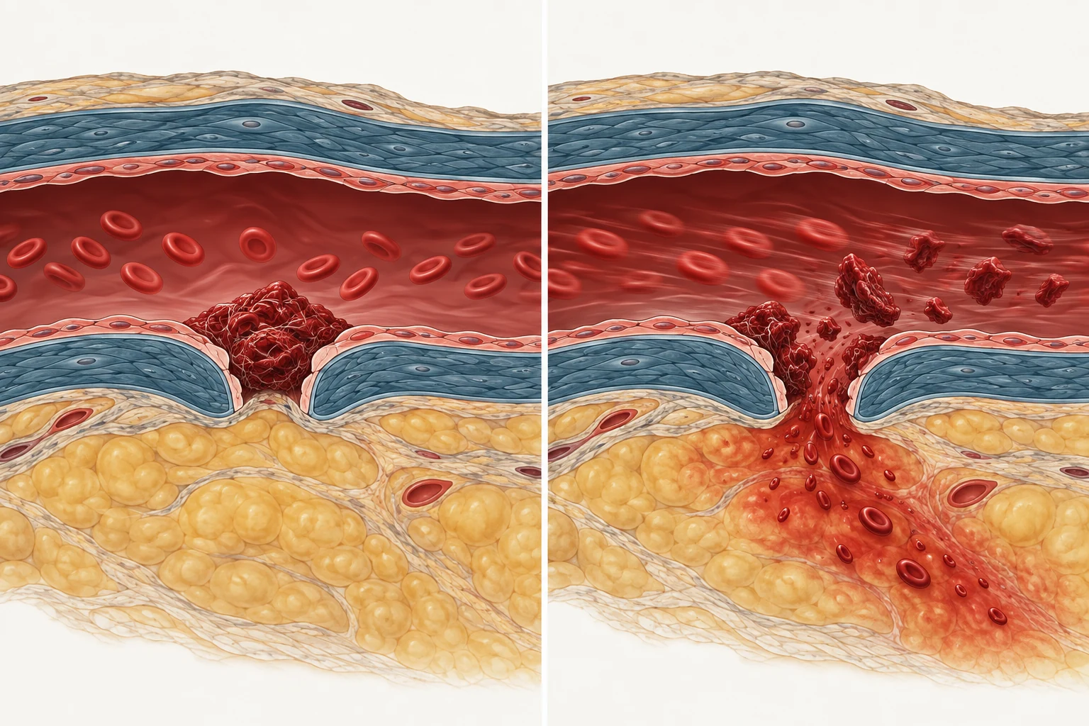 Dois painéis do mesmo vaso lesado: à esquerda, fluxo sanguíneo lento e coágulo íntegro selando a rotura; à direita, fluxo intenso com o coágulo fragmentado e sangue escapando pela lesão reaberta.