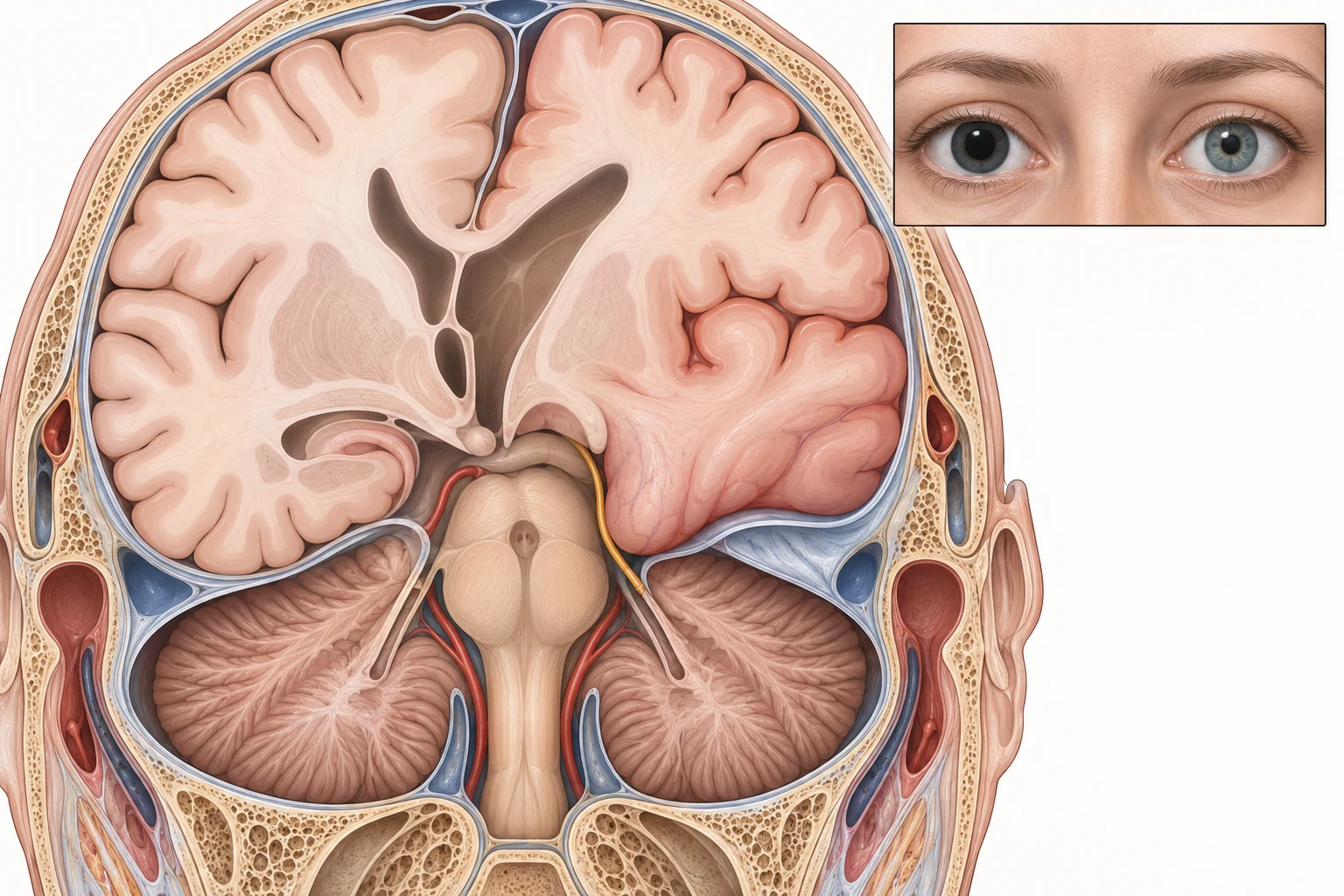 Corte coronal da cabeça mostrando herniação uncal: o lobo temporal de um lado desce sobre a borda da tenda do cerebelo e comprime o mesencéfalo, com desvio das estruturas da linha média para o lado oposto; um nervo craniano fino aparece estirado sobre a borda; em destaque lateral, dois olhos, um com a pupila muito dilatada e o outro normal.