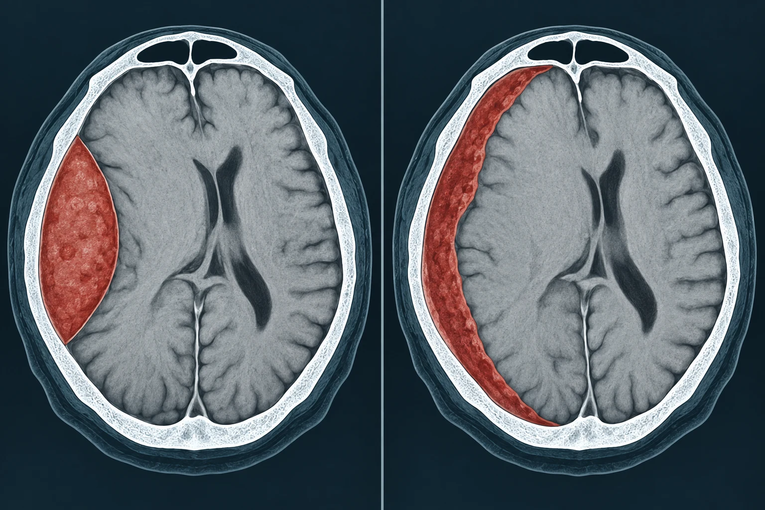 Dois cortes axiais lado a lado. À esquerda, coleção extradural em forma de lente biconvexa, colada ao osso, que termina bruscamente na linha de sutura. À direita, coleção subdural em crescente fino e longo, côncavo para o cérebro, acompanhando toda a convexidade do hemisfério, ultrapassando a sutura e parando na linha média. Nos dois, a linha média está desviada para o lado oposto e as cisternas basais estreitadas.