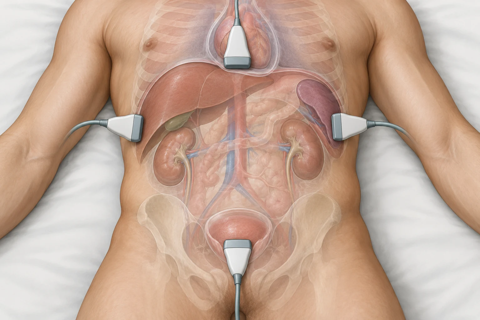 Torso de adulto em decúbito dorsal com as quatro posições do transdutor no FAST: subxifoide, hipocôndrio direito, hipocôndrio esquerdo e supra-púbica.