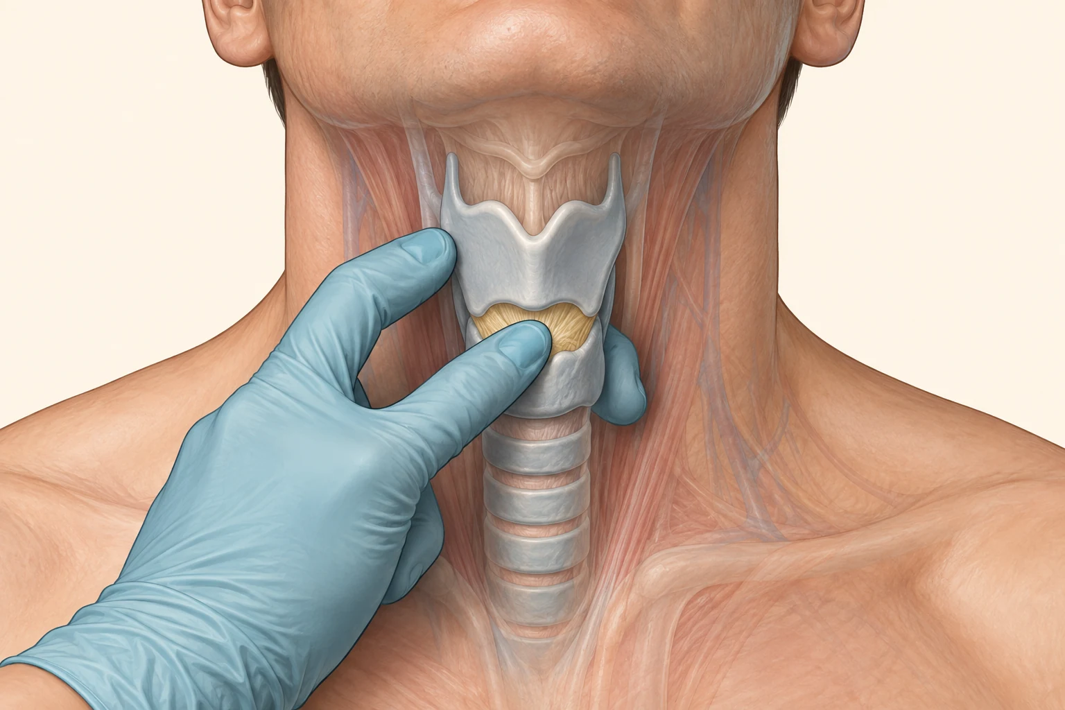 Vista anterior do pescoço de um adulto com a cartilagem tireoide, a membrana cricotireóidea, a cartilagem cricoide e os primeiros anéis traqueais; uma mão enluvada estabiliza a laringe entre o polegar e o dedo médio, com o indicador apoiado sobre a membrana na linha média.