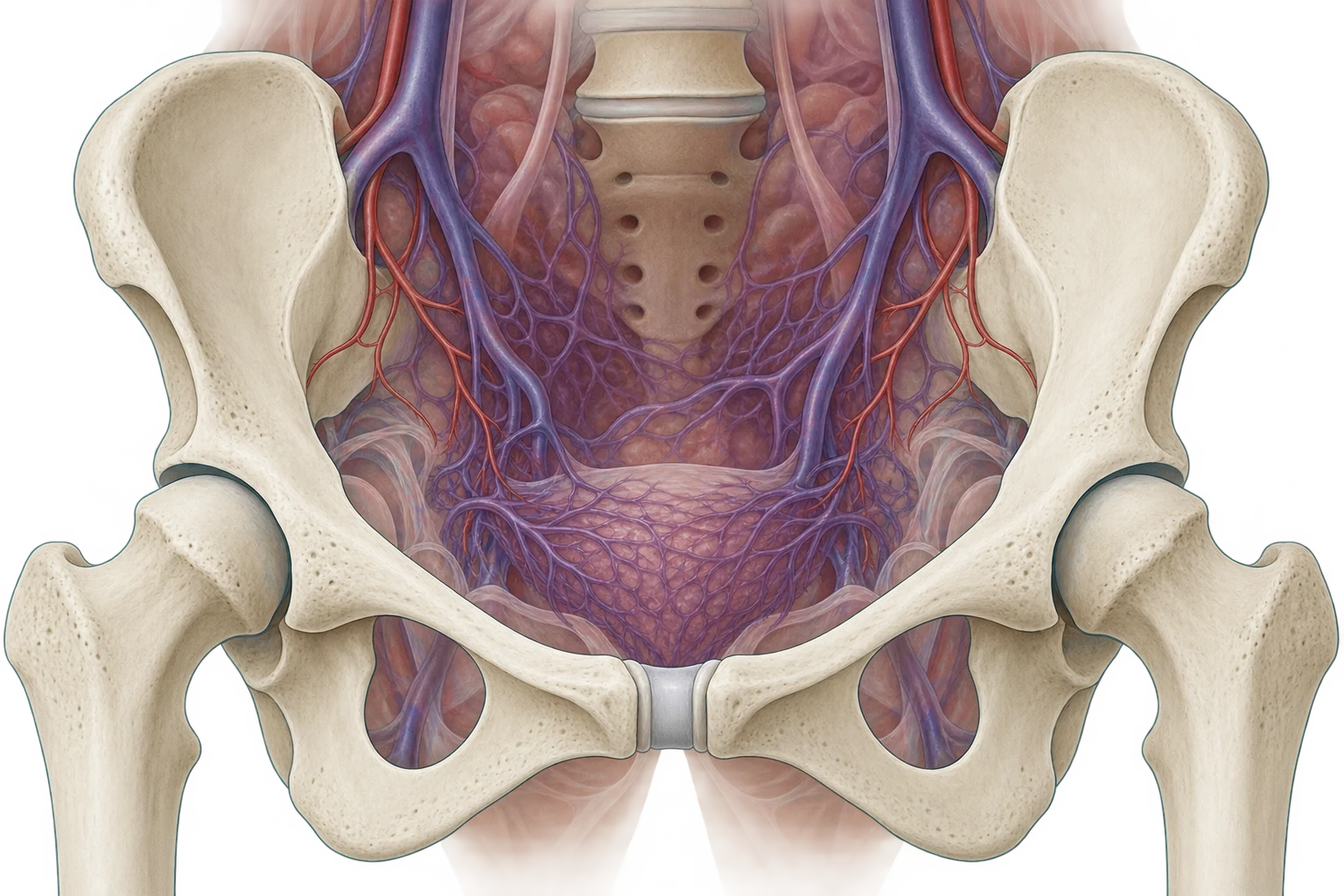 Vista anterior do anel pélvico com os plexos venosos pré-sacral e pré-vesical desenhados como redes amplas, os ramos arteriais ilíacos internos como vasos bem menores, e uma área difusa de sangue atrás do anel, sem limite definido.