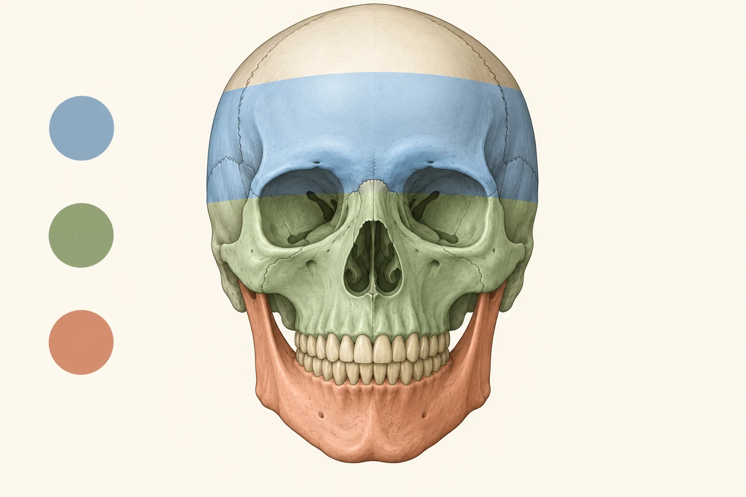 Esquema de um crânio de frente, dividido por três faixas horizontais coloridas que marcam os três andares da face. A faixa superior cobre a testa e a borda de cima das órbitas, correspondendo ao andar frontal. A faixa do meio cobre as maçãs do rosto, o nariz e a maxila, correspondendo ao terço médio. A faixa inferior cobre apenas a mandíbula, correspondendo ao andar mandibular. Uma coluna lateral com três marcadores redondos coloridos repete a mesma ordem de cima para baixo, indicando que a leitura da face começa no andar mais alto e desce. A figura não traz texto nem números.