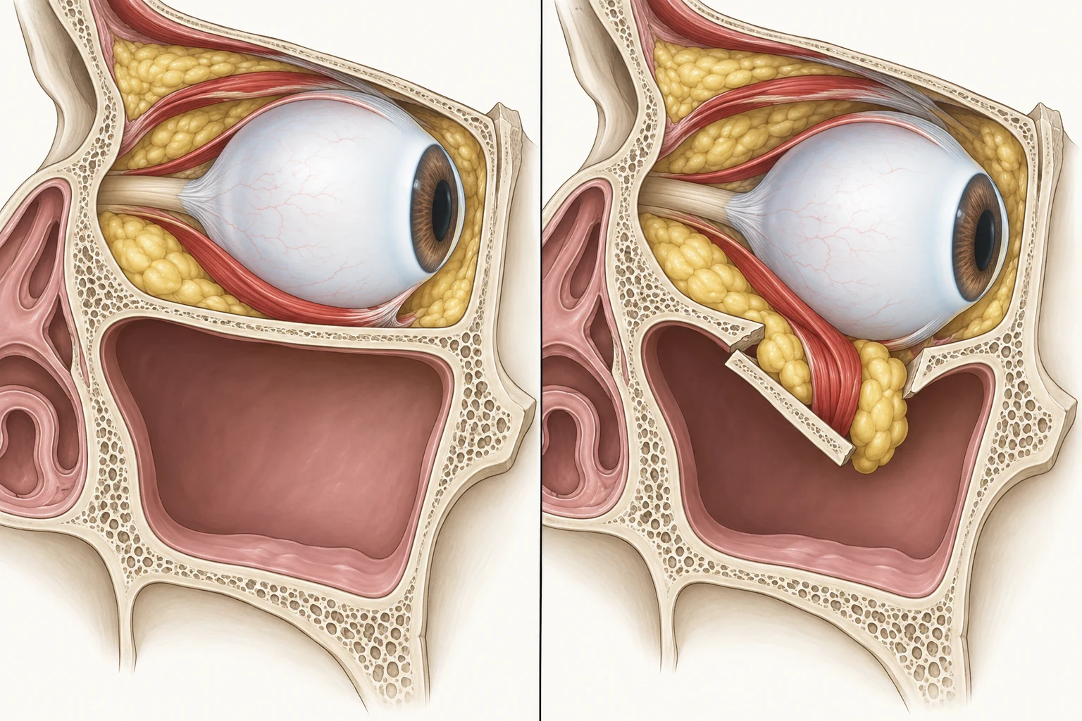 Esquema de fratura do assoalho orbital, com herniação de conteúdo orbitário para o seio maxilar e relação com o músculo reto inferior.