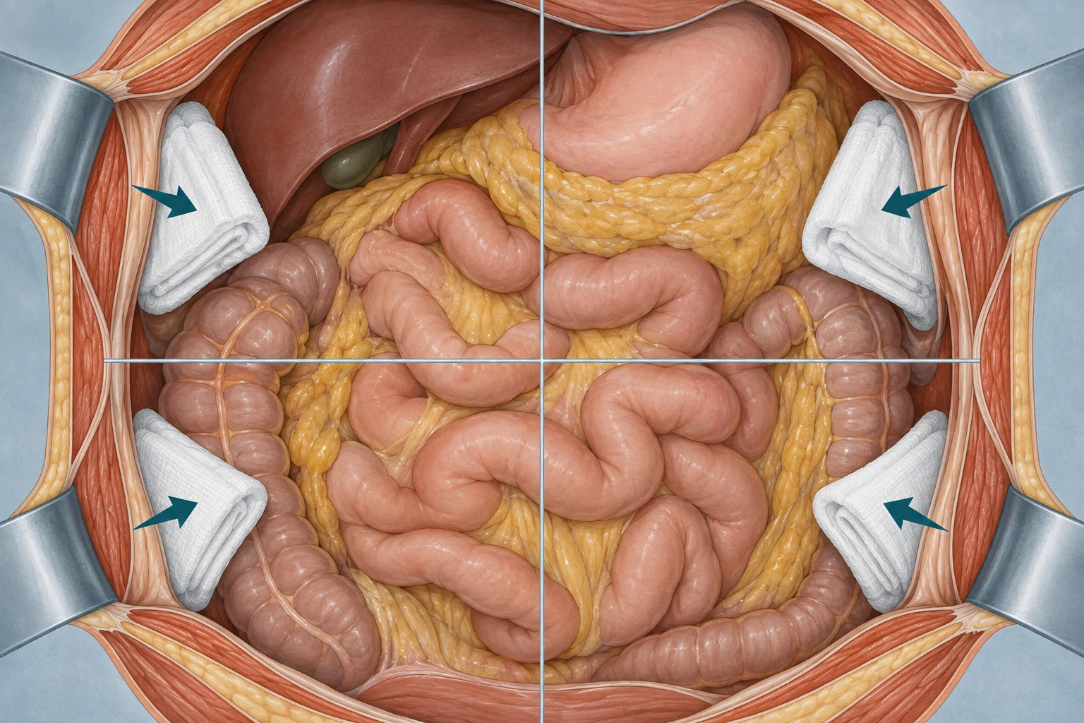 Diagrama de uma cavidade abdominal aberta dividida em quatro quadrantes, com compressas posicionadas em cada quadrante e setas indicando a direção da força de compressão.