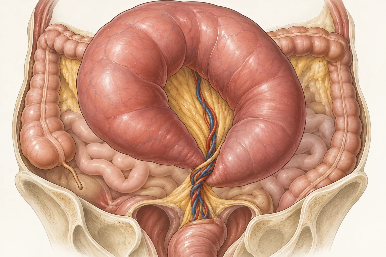 Alça sigmoide gigante em U invertido saindo da pelve, com as duas pernas convergindo e torcendo-se sobre si mesmas numa base estreita, e os vasos do mesentério enrolados em espiral.