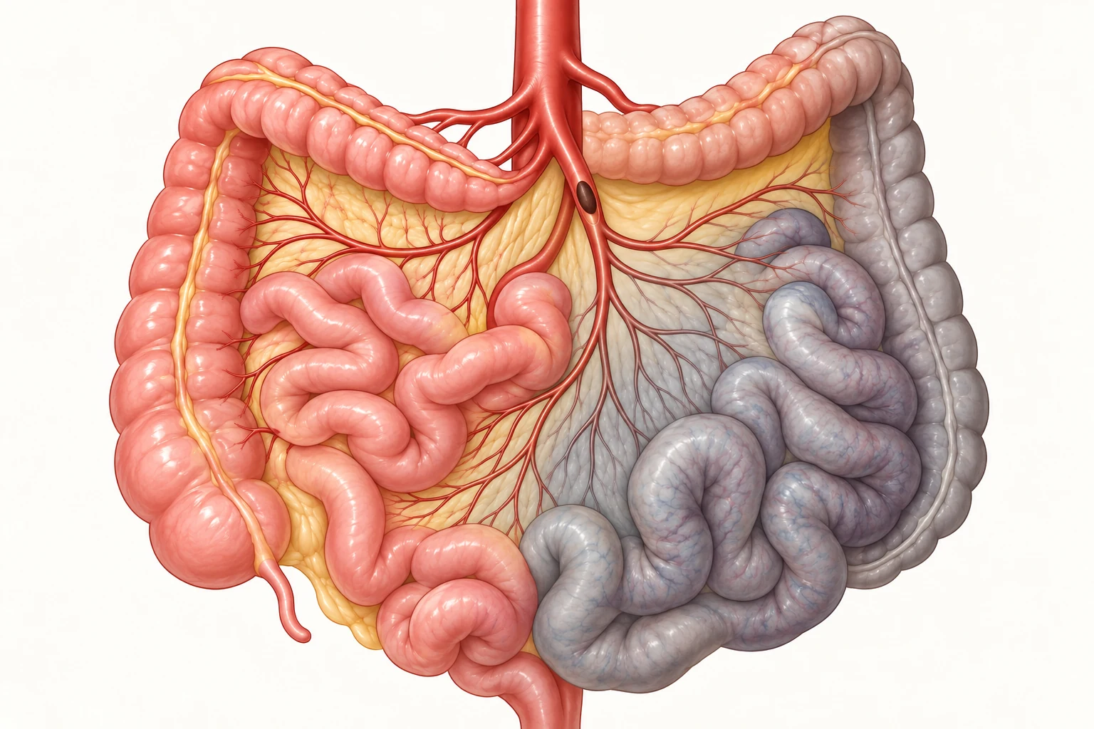 Aorta abdominal e artéria mesentérica superior com um êmbolo alojado logo após os primeiros ramos; as alças irrigadas antes do êmbolo estão coradas e as irrigadas depois estão pálidas e acinzentadas.