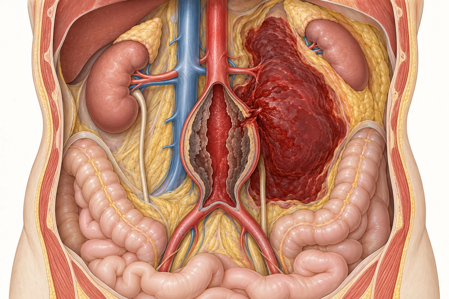 Corte do abdome mostrando a aorta infrarrenal dilatada em aneurisma fusiforme com trombo mural, rota na parede posterolateral esquerda, com hematoma volumoso no retroperitônio deslocando o rim e a gordura para a frente.