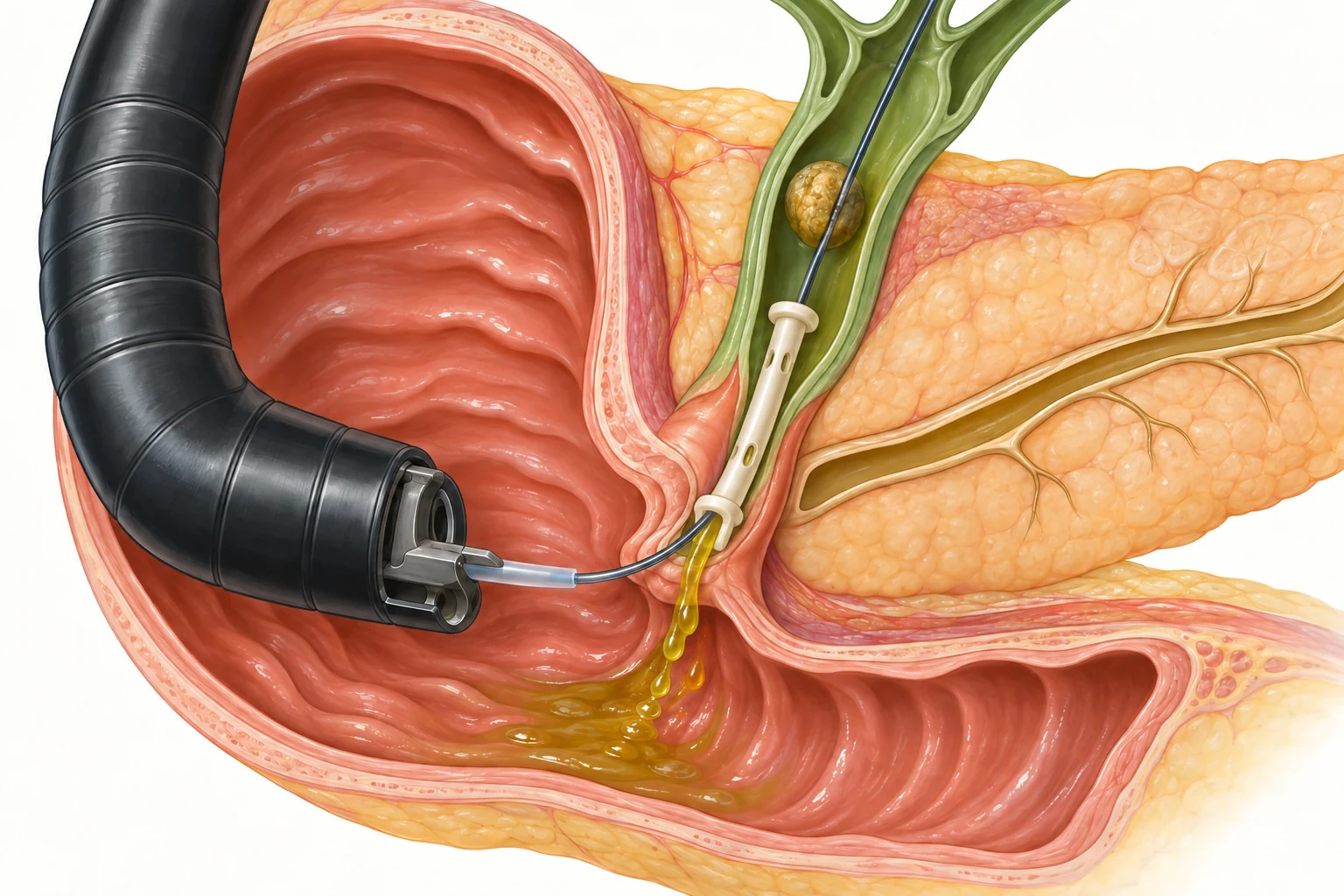 Esquema de CPRE terapêutica: ponta do duodenoscópio na papila, fio-guia e cateter no colédoco, cálculo acima da papila e prótese plástica atravessando a papila para drenar a bile; ducto pancreático adjacente sem instrumentação.