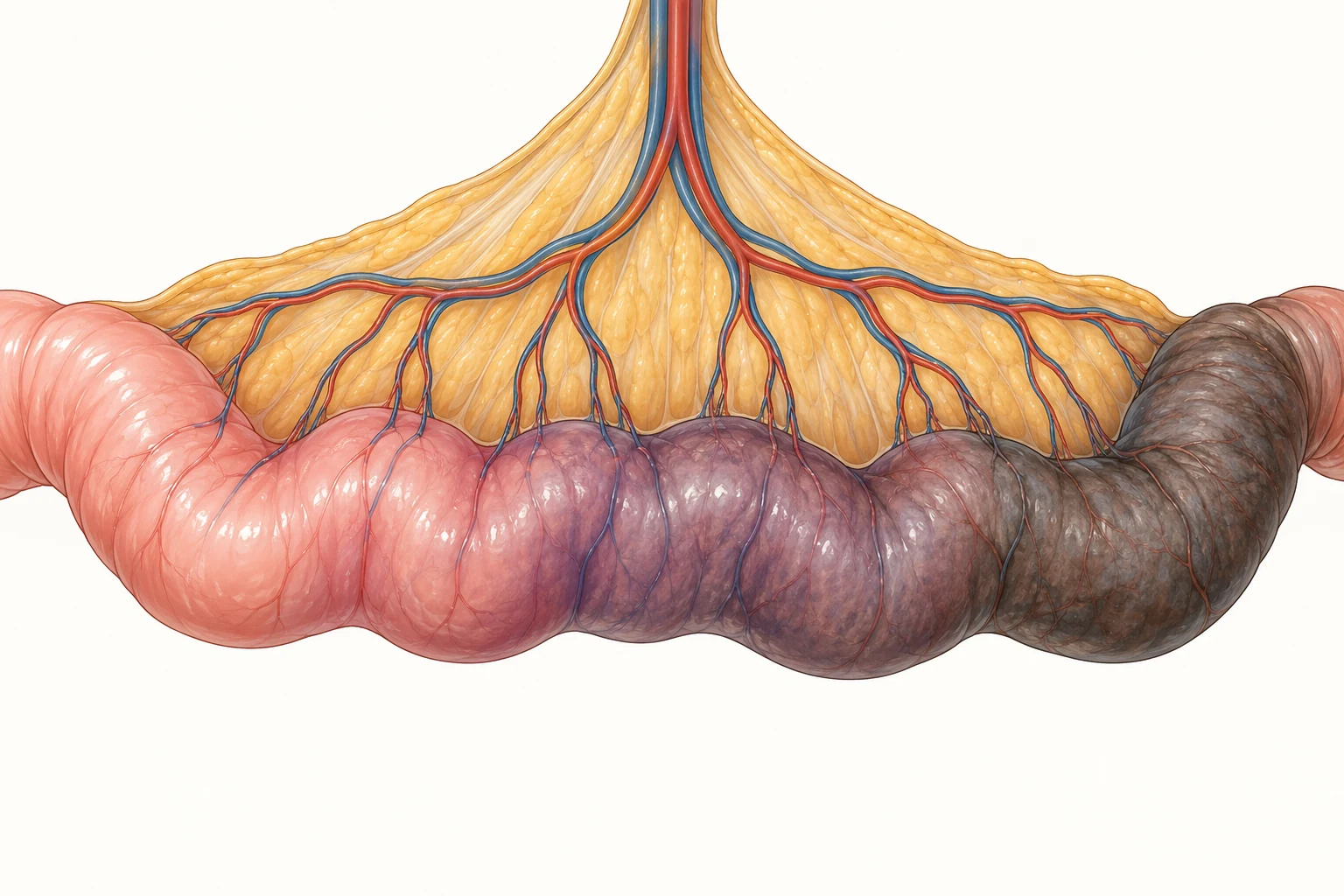 Alça intestinal contínua em três trechos: um rosado e brilhante, um arroxeado de aspecto duvidoso no meio e um escuro e sem brilho, com a arcada vascular correndo junto à borda mesentérica de toda a alça.