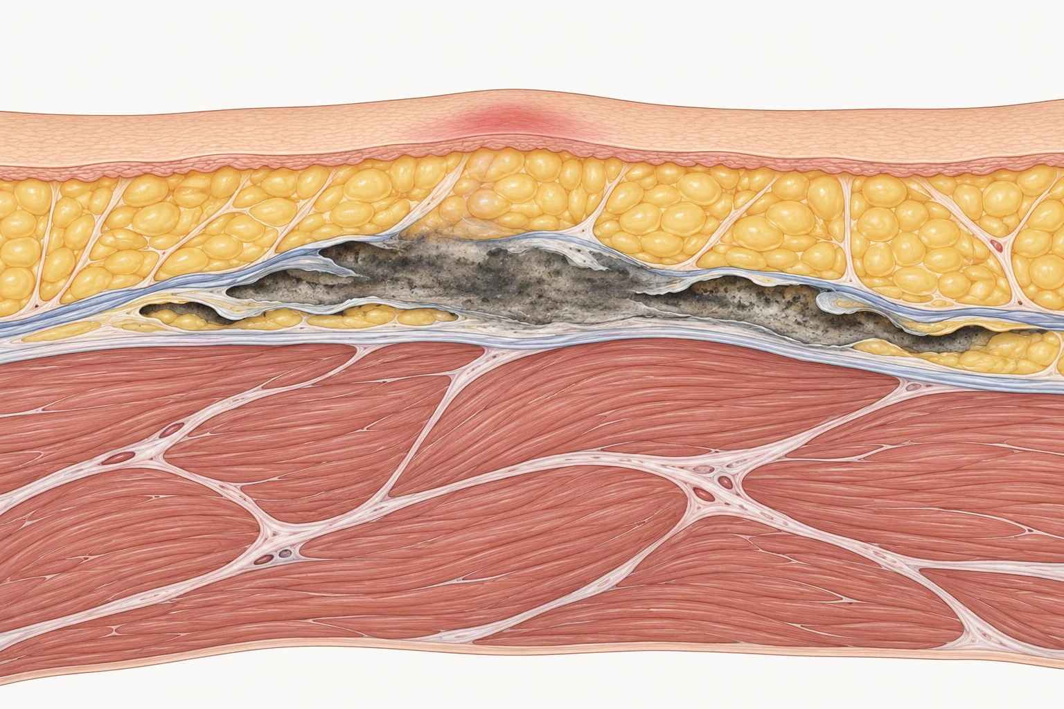 Corte vertical das camadas de partes moles: a pele mostra apenas um leve rubor num ponto, enquanto a faixa de necrose ao longo da fáscia se estende muito além, para os dois lados.
