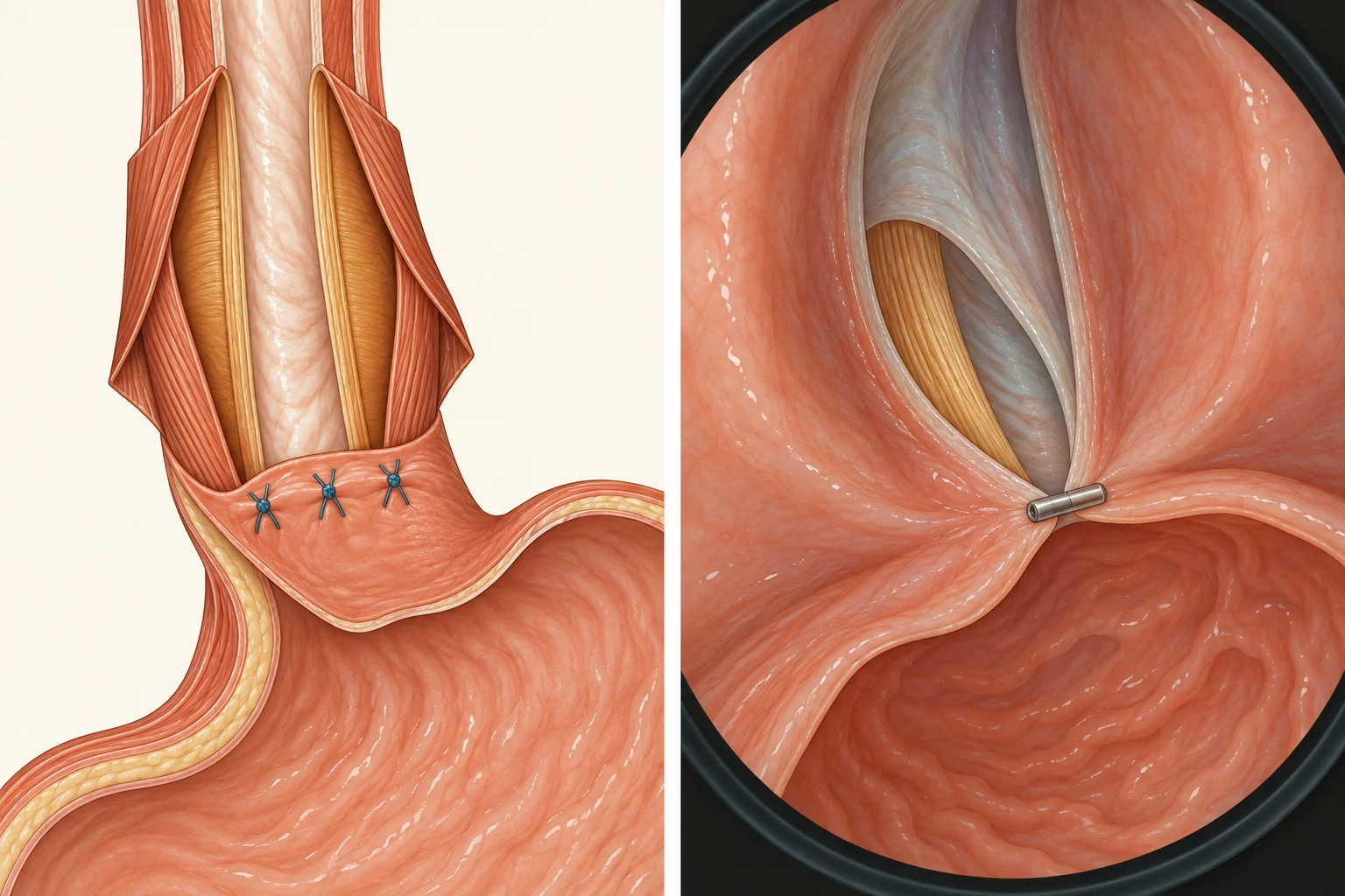 Corte da junção esofagogástrica em duas versões: à esquerda a miotomia feita por fora, seccionando as duas camadas musculares e coberta por uma válvula de fundo gástrico suturada em três pontos; à direita a miotomia feita por dentro, através de um túnel submucoso, seccionando apenas a camada circular e fechada com clipe, sem válvula sobre a área desnudada.