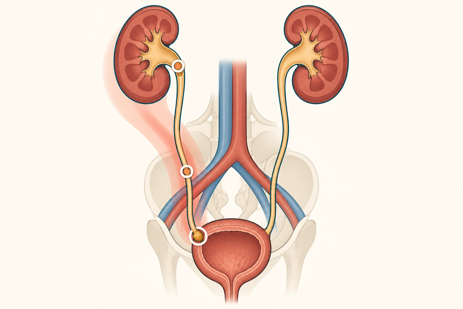 Trato urinário visto de frente, com os três pontos de estreitamento do ureter e um cálculo alojado no estreitamento inferior, junto à bexiga.