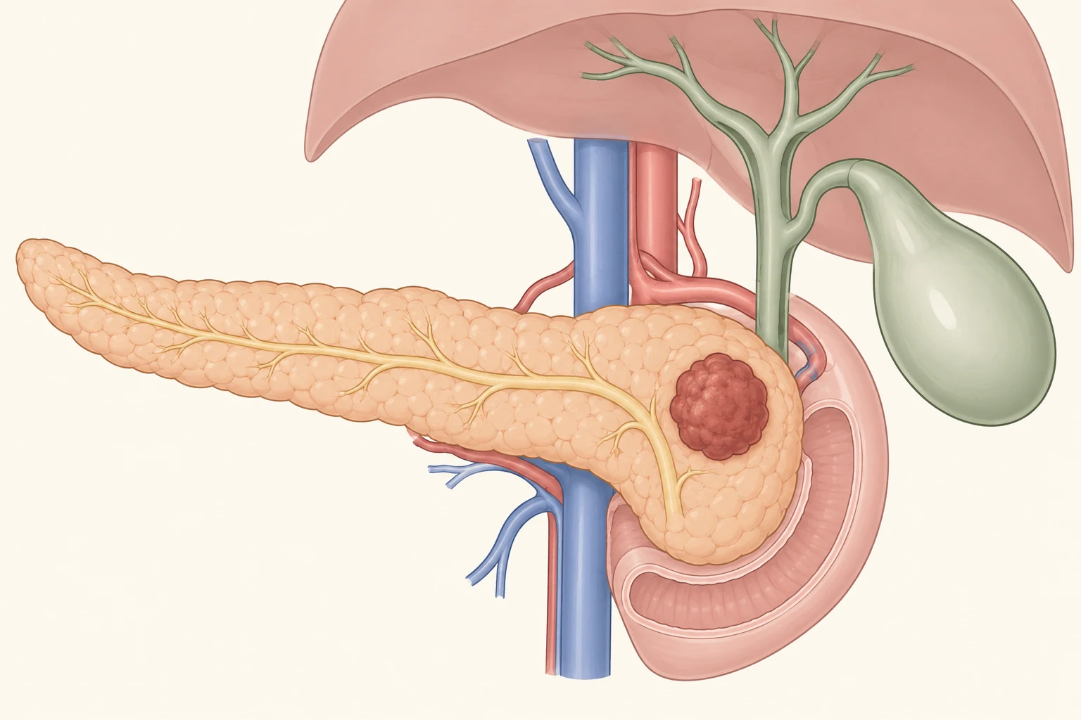 Esquema do pâncreas em vista frontal com massa na cabeça, via biliar dilatada, vesícula distendida sem cálculos e dois vasos apenas tangenciando a massa.