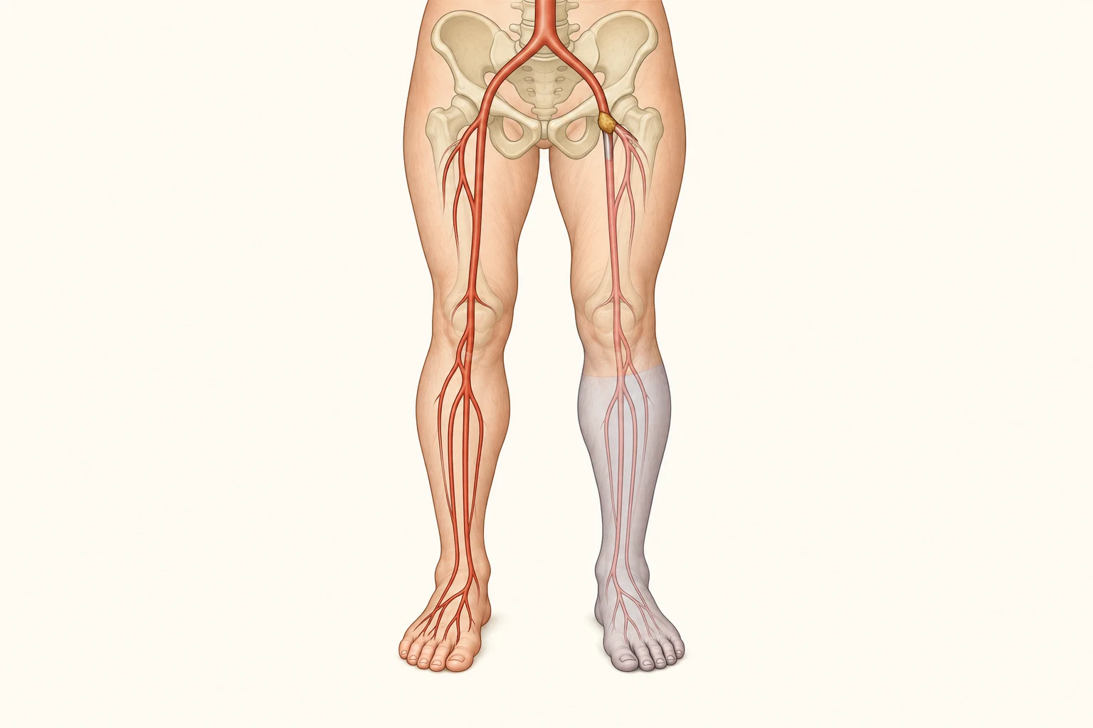 Árvore arterial do membro inferior com êmbolo alojado na bifurcação femoral; o segmento distal aparece afilado e a perna abaixo do joelho, mais pálida, com linha de demarcação.