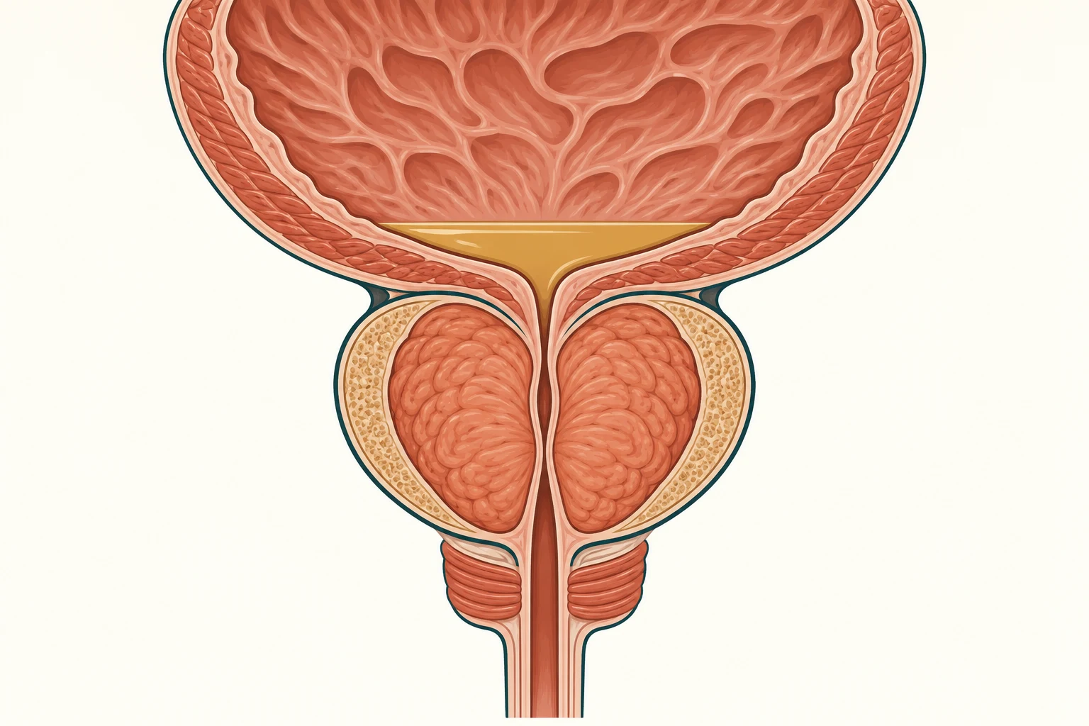Corte sagital da próstata e do colo vesical mostrando a zona de transição aumentada comprimindo a uretra prostática, a zona periférica preservada e a parede vesical espessada com resíduo pós-miccional.