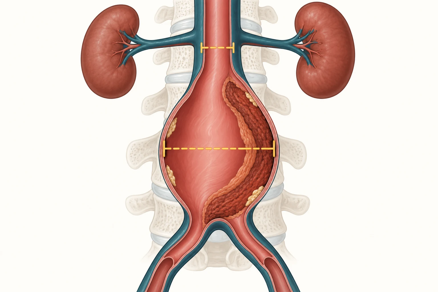 Ilustração da aorta abdominal infrarrenal com aneurisma fusiforme abaixo das artérias renais, trombo mural revestindo o saco e linhas de medida marcando o maior diâmetro transverso e o calibre da aorta normal.