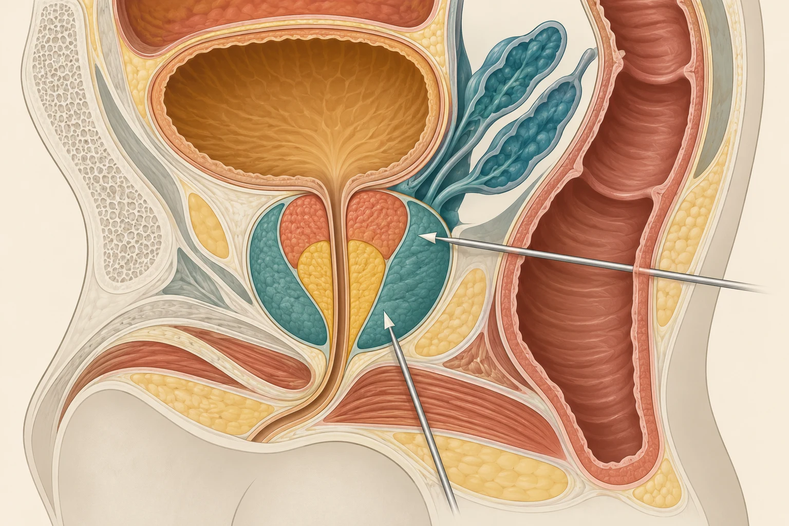 Corte sagital da pelve masculina com a próstata e suas zonas, a uretra, a bexiga, as vesículas seminais e o reto; duas linhas mostram o trajeto da agulha de biópsia pela parede anterior do reto e pelo períneo.