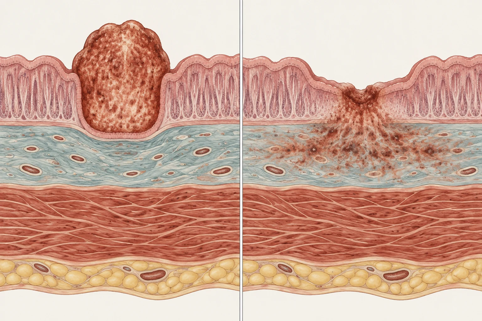 Corte esquemático da parede gástrica em dois painéis: à esquerda um tumor expansivo de bordas nítidas contido acima da camada muscular; à direita um tumor infiltrativo que se espalha lateralmente pela submucosa muito além da lesão visível na superfície.